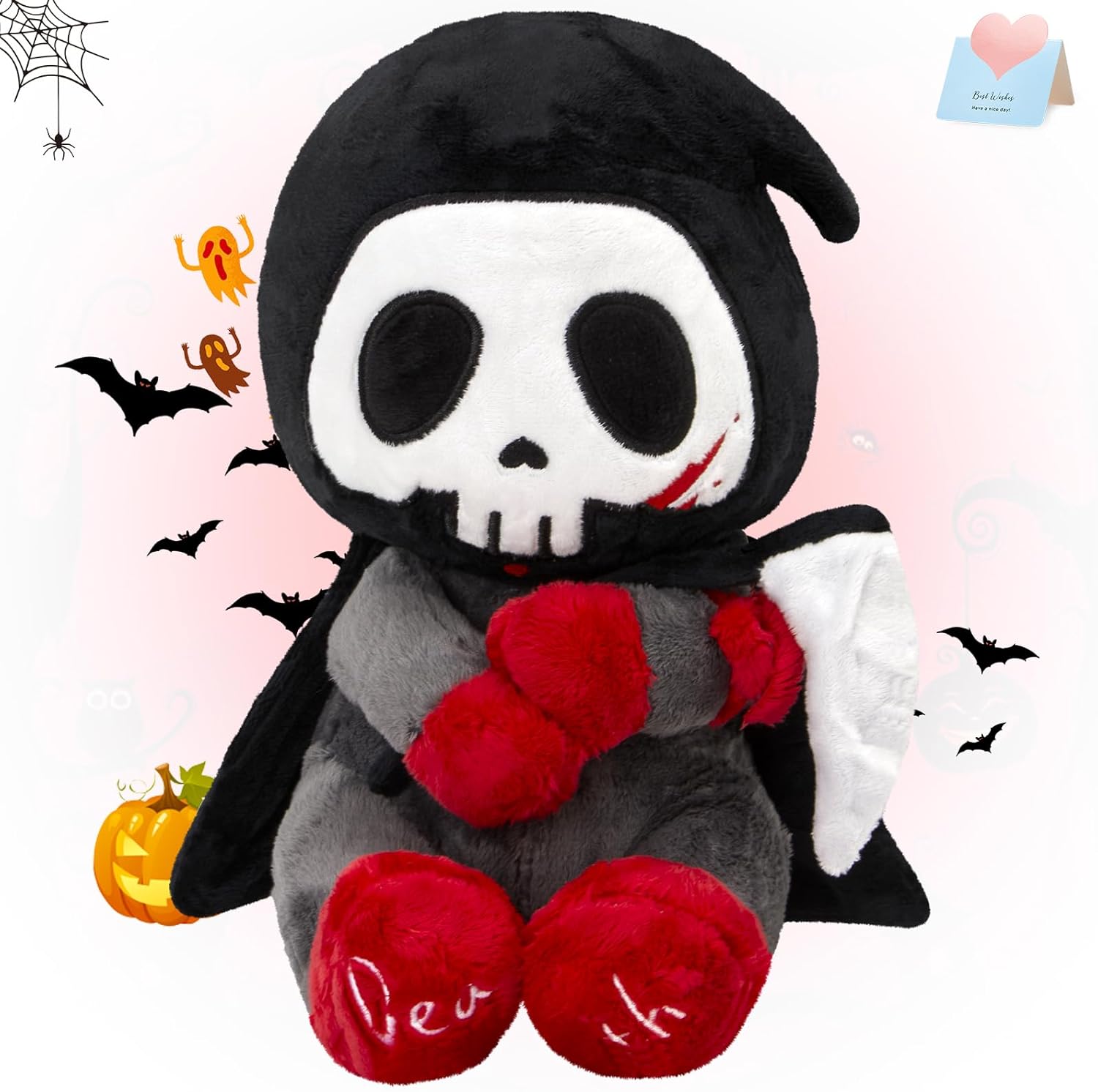 Otto Reaper – Juguete de peluche de 10 pulgadas, calavera de Halloween con capa negra y guadaña desmontable, divertida muñeca de Halloween, calavera