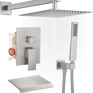 BWE Sistema de ducha con boquilla de cascada, juego de grifo de ducha cuadrado de 10 pulgadas, cabezal de ducha de lluvia cuadrado de níquel BWE Sistema de ducha con boquilla de cascada, juego de grifo de ducha cuadrado de 10 pulgadas, cabezal de ducha de lluvia cuadrado de níquel