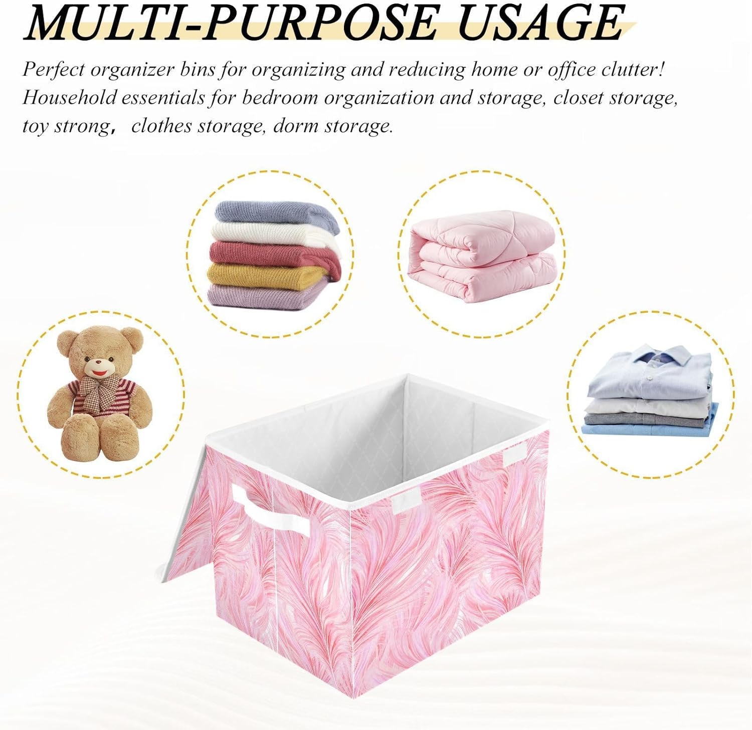 FUGIDOG Cajas de almacenamiento con tapas y asas de plumas rosadas, contenedores plegables de tela para armario, contenedores grandes de ropa de