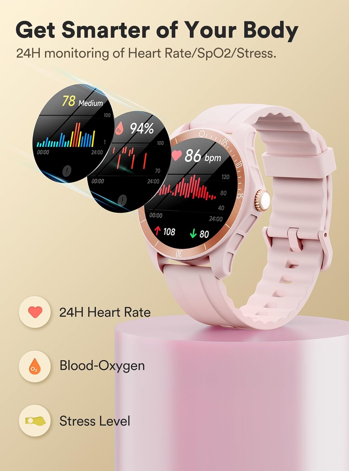 Reloj inteligente de fitness para mujer, Quican iOS y Android, compatible con Bluetooth, rastreador de actividad con monitor de frecuencia cardíaca,