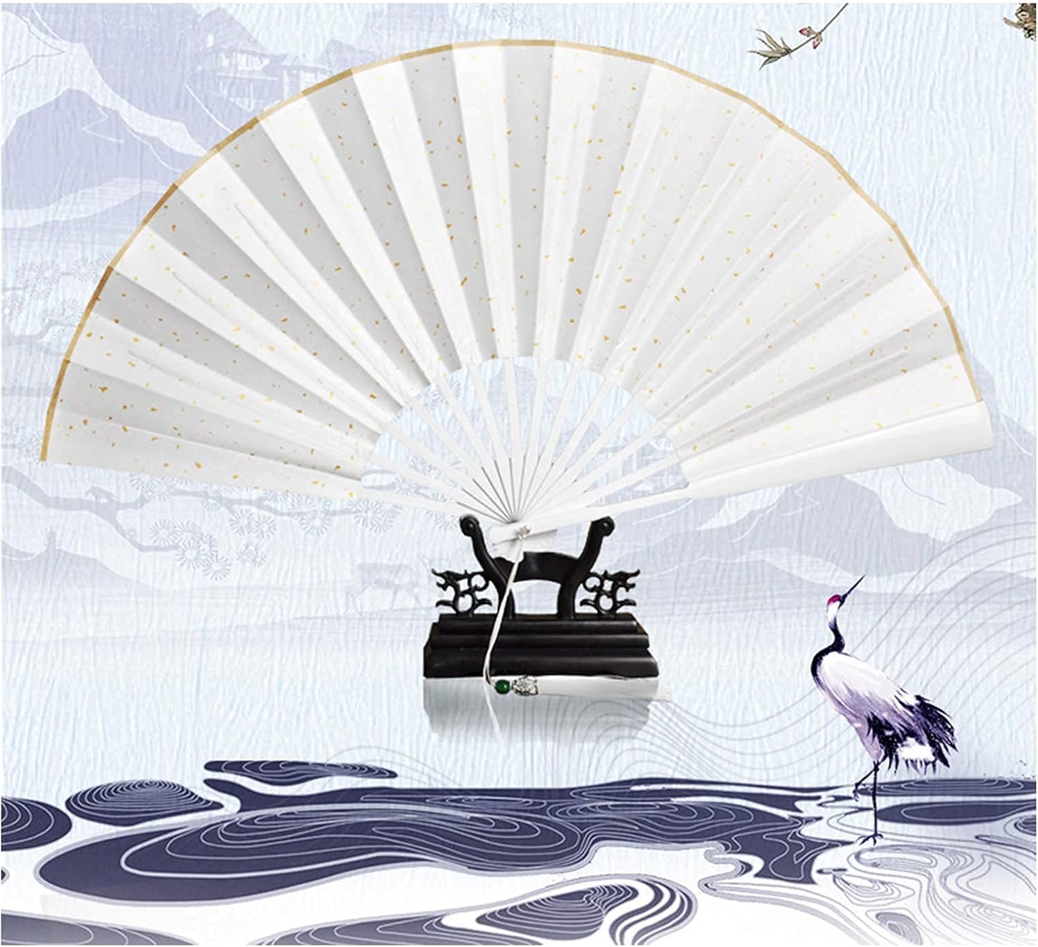 Wen Kexing – Ventilador plegable de mano con borla blanca china
