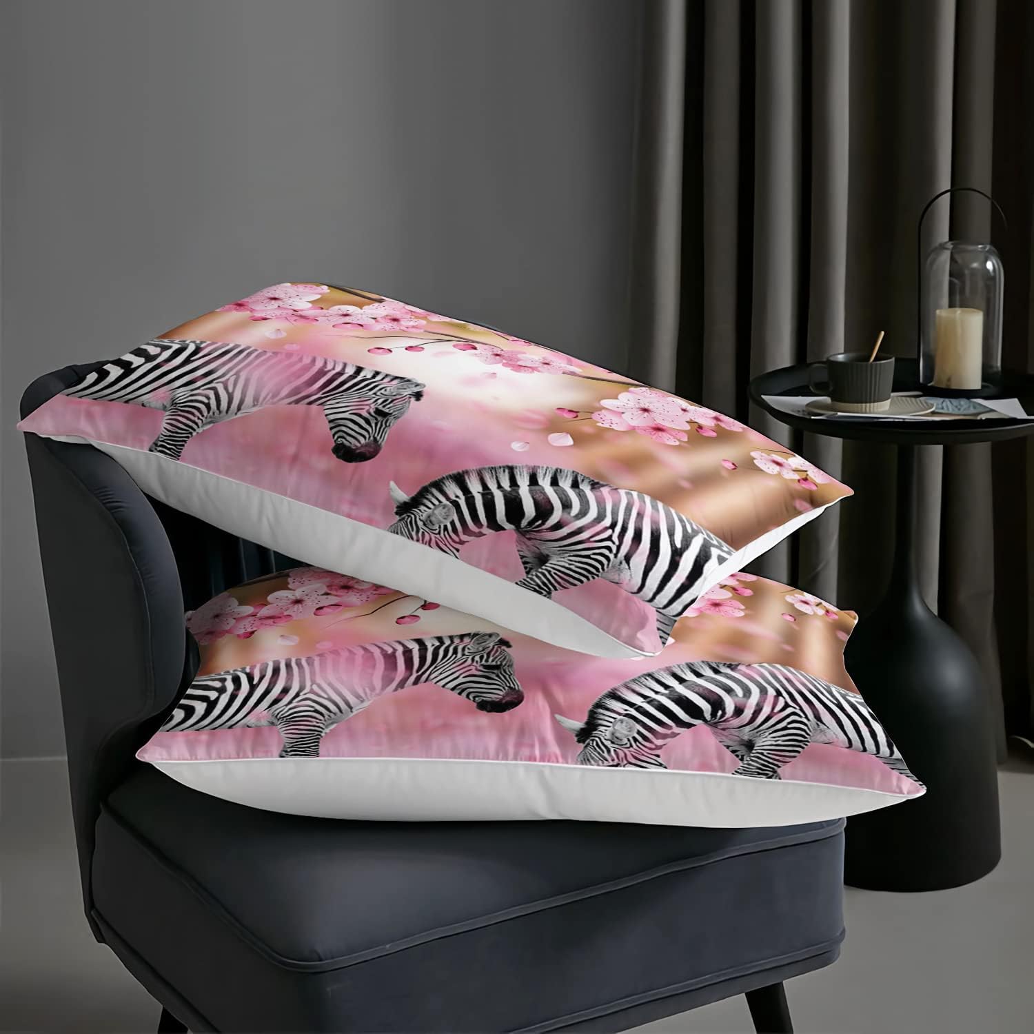 AILONEN Juego de edredón de animales de ensueño, tamaño matrimonial, juego de ropa de cama de cebra con flor de durazno primaveral, juego de edredón