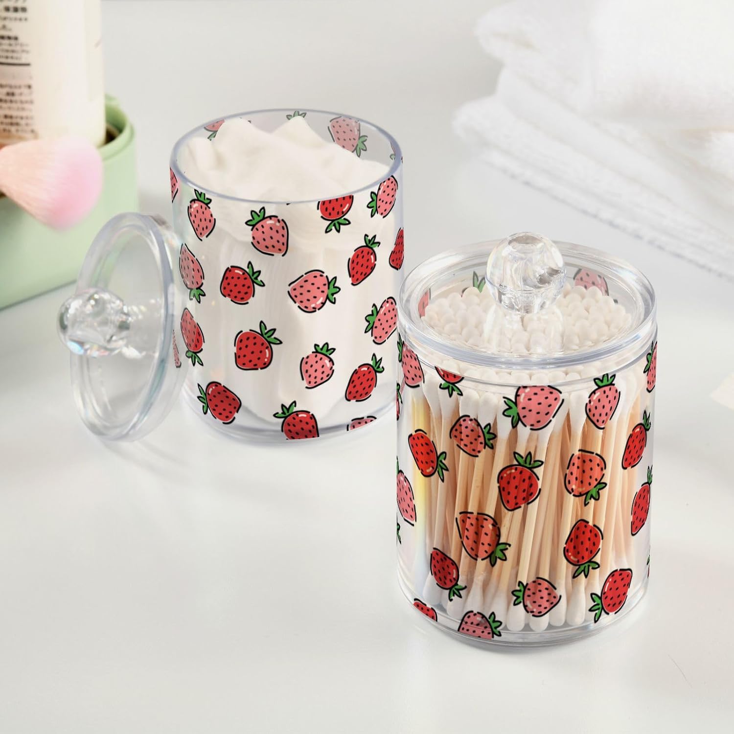 Paquete de 2 dispensadores de fresas para bolas de algodón, hisopos de algodón, juego de tarros de boticario de plástico para baño, organización de