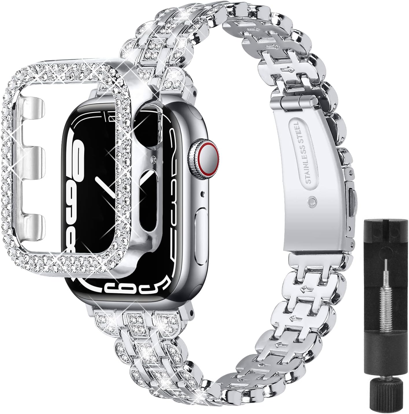 Correas brillantes y funda compatible con Apple Watch de 1.49, 1.57, 1.61, 1.65, 1.73, 1.77 y 1.73 pulgadas, pulsera delgada de metal con cubierta
