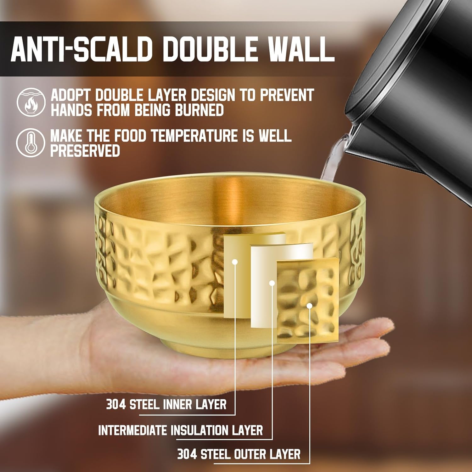 2 cuencos pequeños de acero inoxidable, cuencos de sopa aislados de doble pared de 13.5 onzas, cuenco de cereales de helado de metal dorado, cuencos
