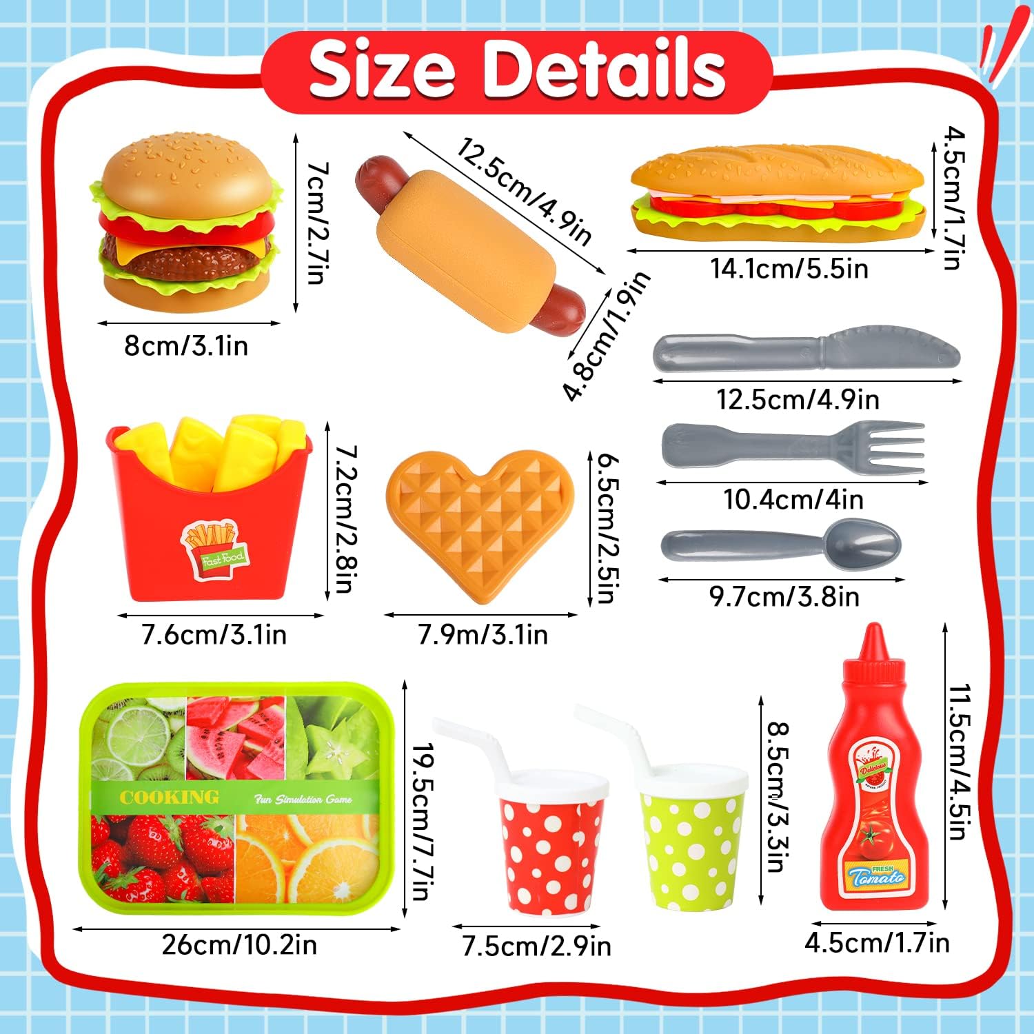 FINGOOO Juego de comida de simulación, hamburguesas fritas, pizza, palomitas de maíz, juguetes de rol, regalo educativo para niños y niñas