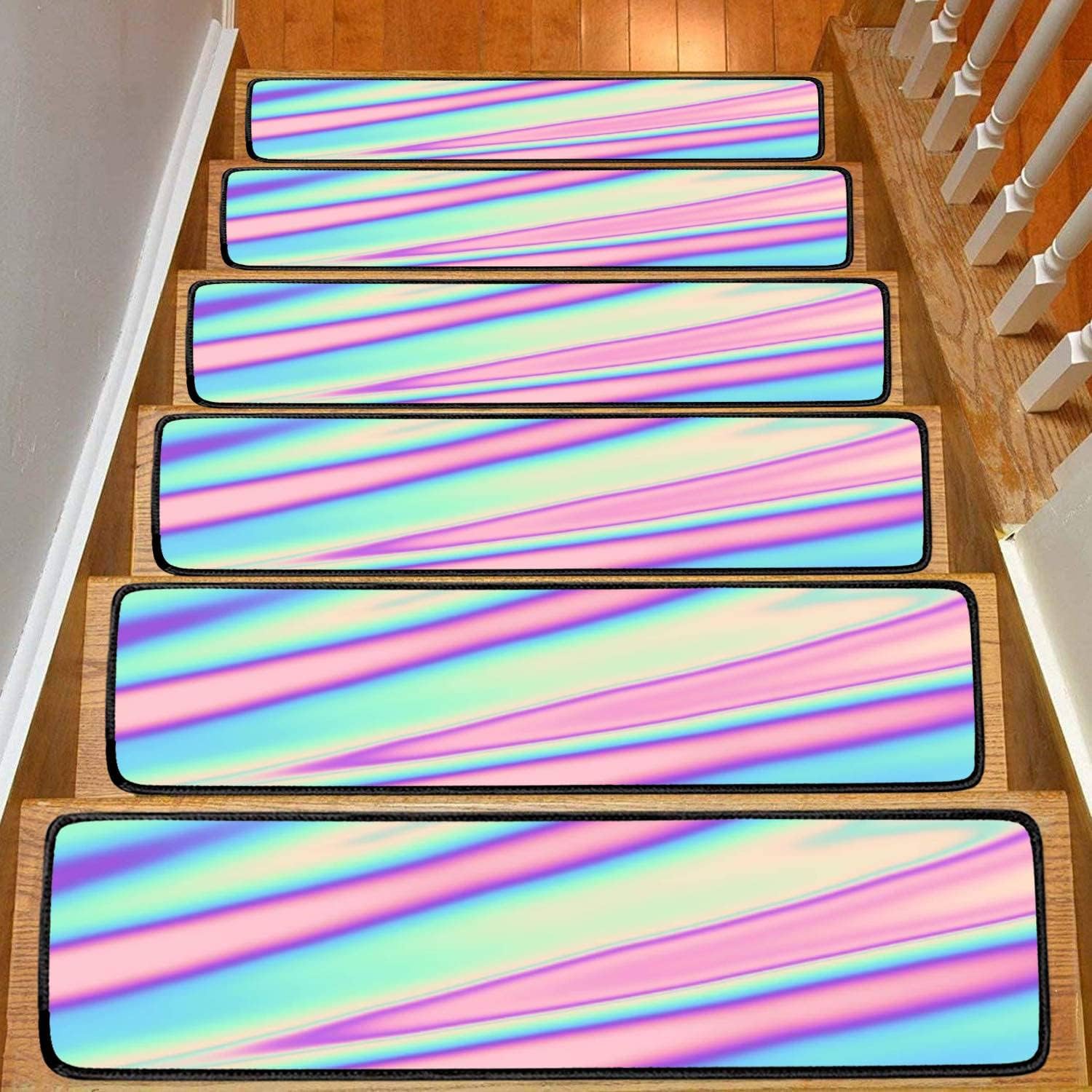 Juego de 13 alfombras para peldaños de escalera, colores pastel, neón, holográficos, degradados, borrosos, ondulados, antideslizantes,