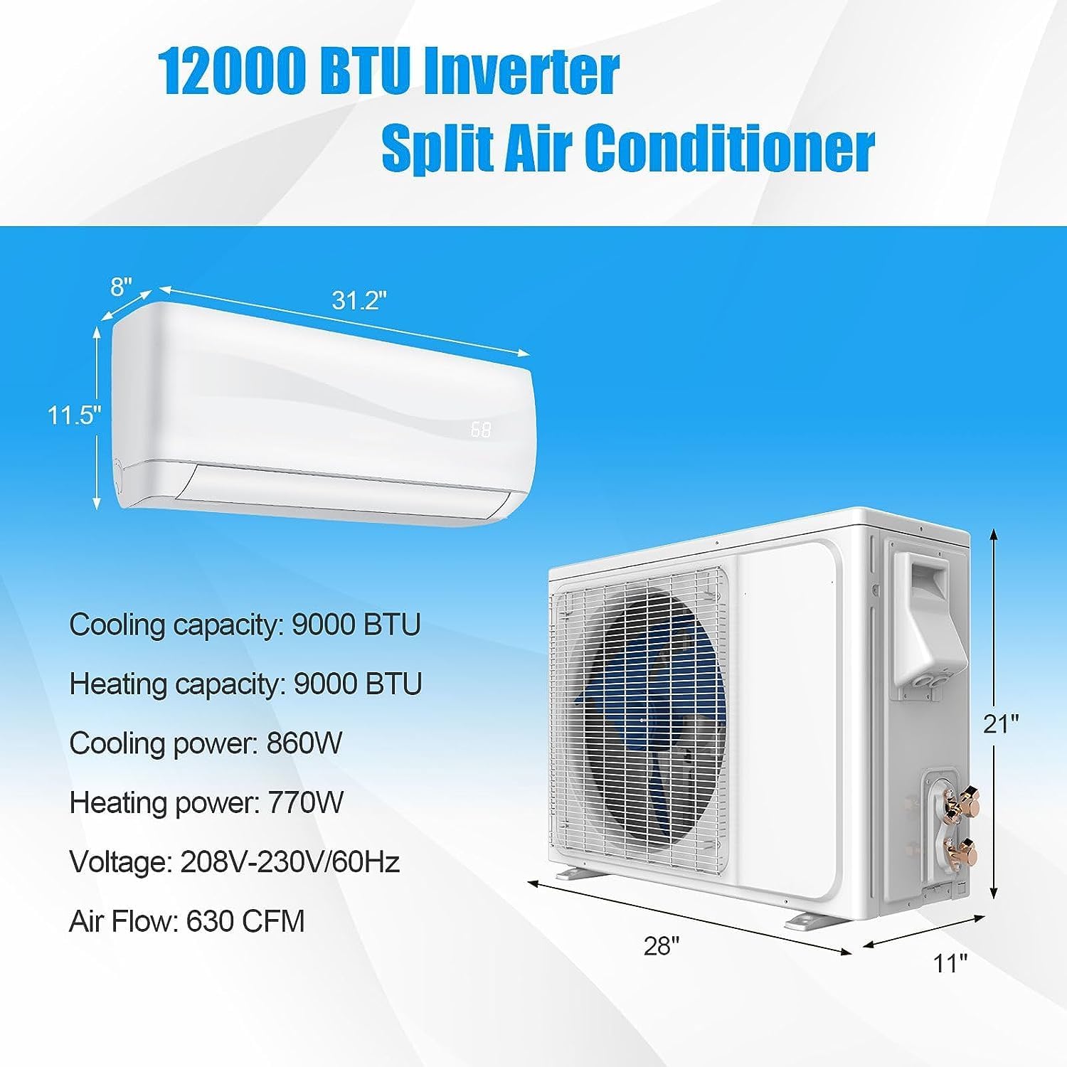 RELAX4LIFE Mini sistema de aire acondicionado divididocalefacción, 9000 BTU sin conductos Mini Split Aire acondicionado con bomba de calor, control