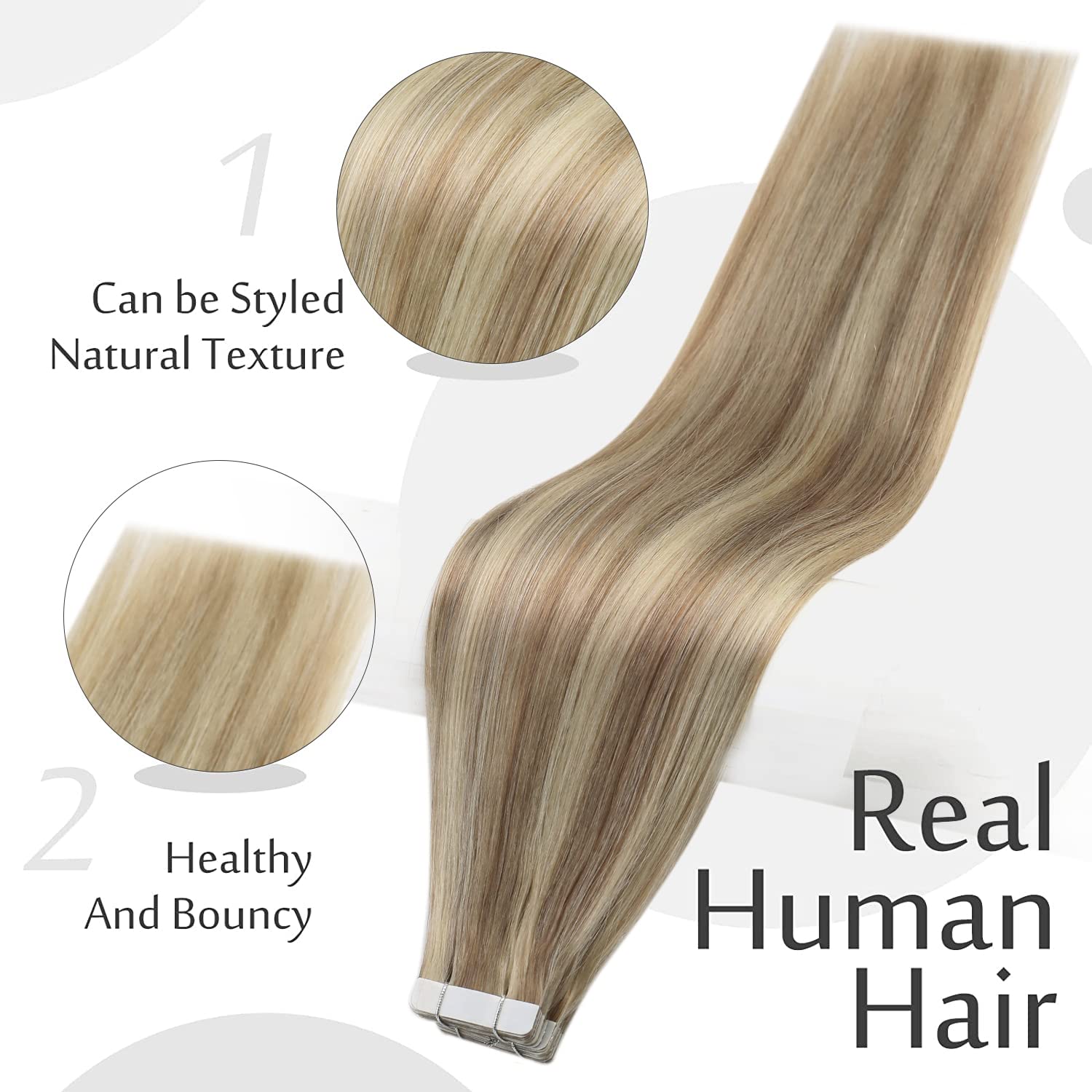 Full Shine – Extensiones de cabello humano con cinta adhesiva de color rubio dorado, reflejos rubio medio, extensiones adhesivas de doble cara de