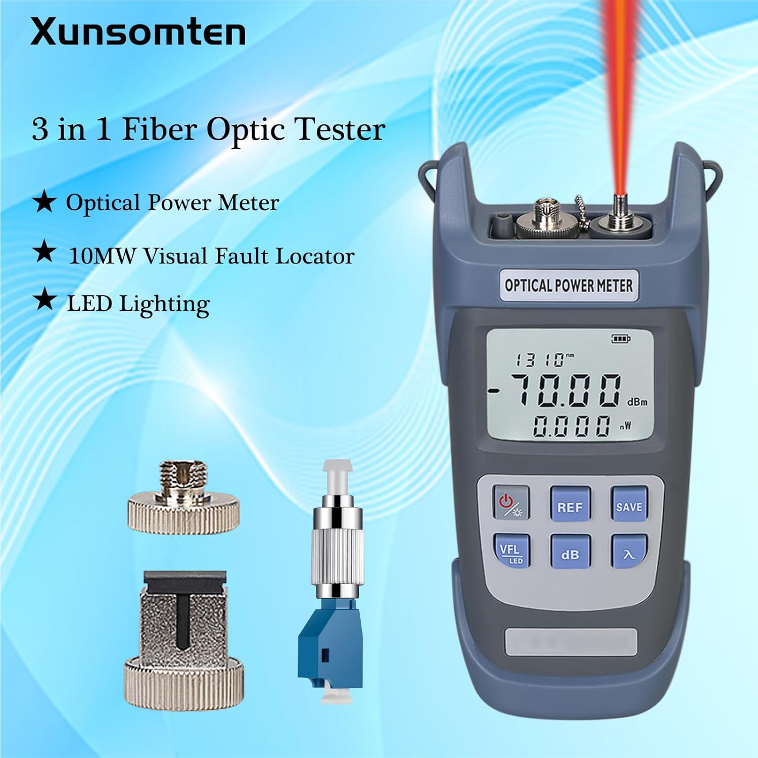 Xunsomten – Probador de fibra óptica 3 en 1 función Medidor de potencia óptica portátil (FCSCST) y localizador de fallas visuales VFL de 10 mw e