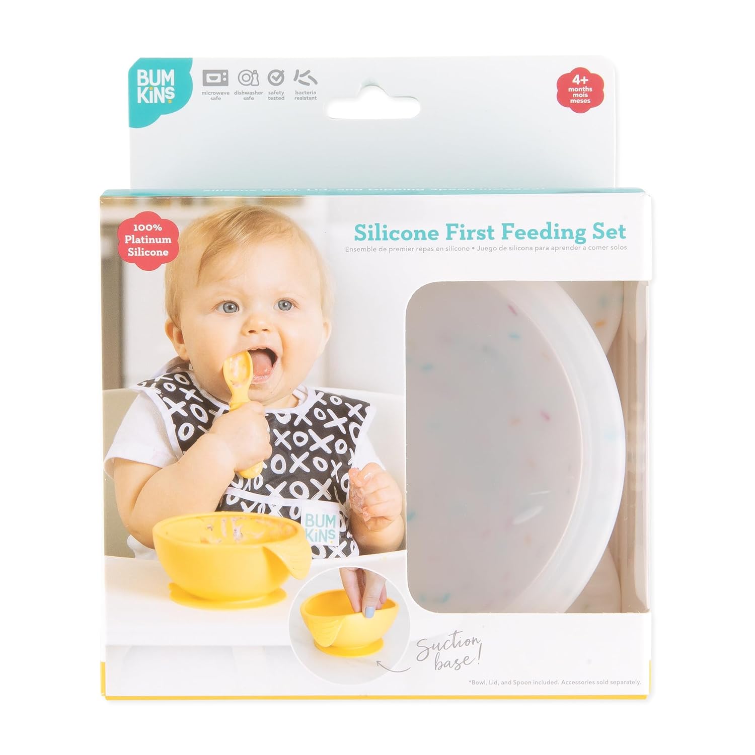 Bumkins Tazones para bebés, juego de alimentación de silicona, cuencos de succión para bebés y niños pequeños con cuchara y tapa, juego de primera