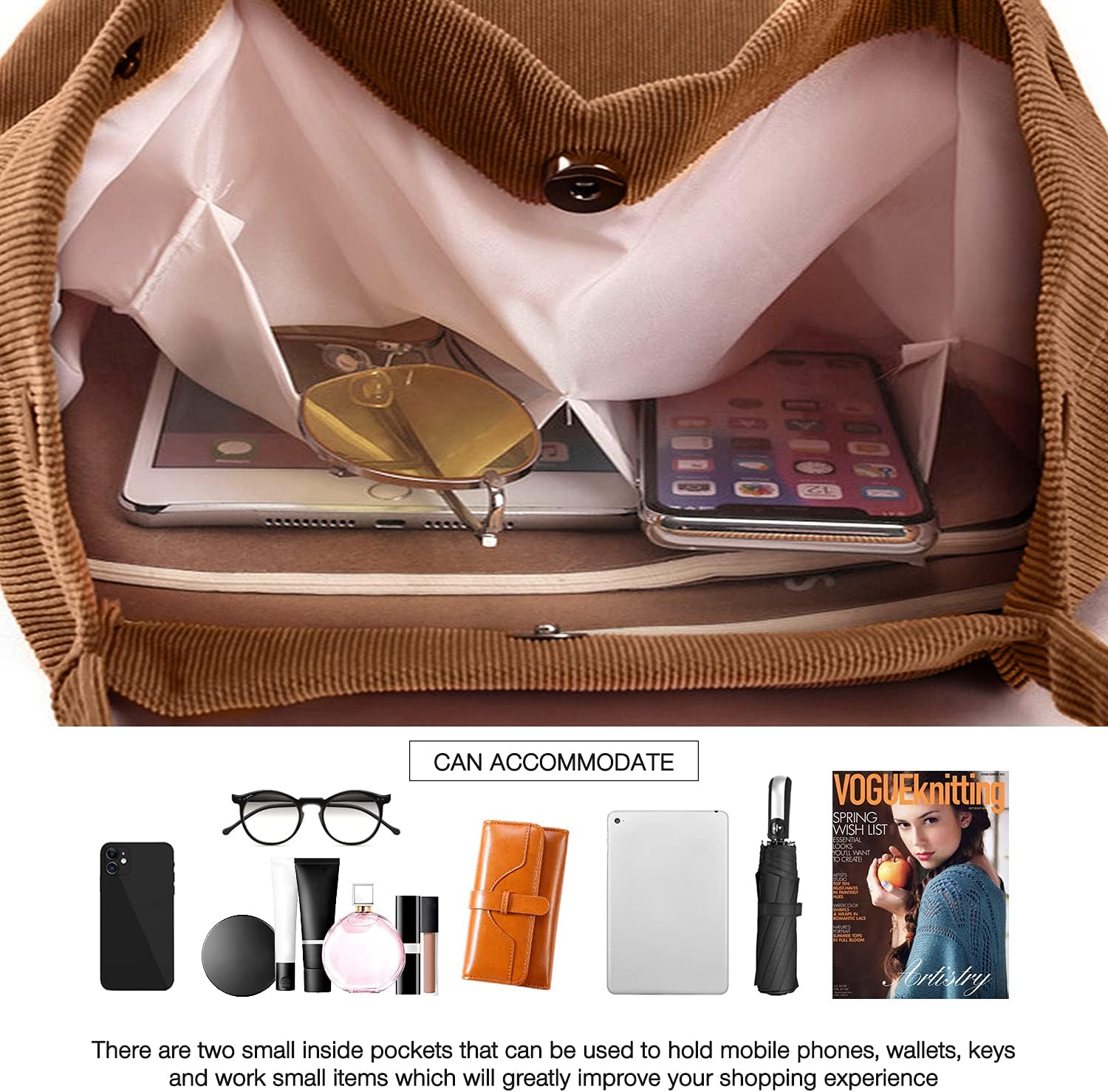 Ndeno Bolsas de mano para mujer, bolsa de hombro de pana con bolsillo interior para trabajo, playa, almuerzo, viajes, compras, bolsos
