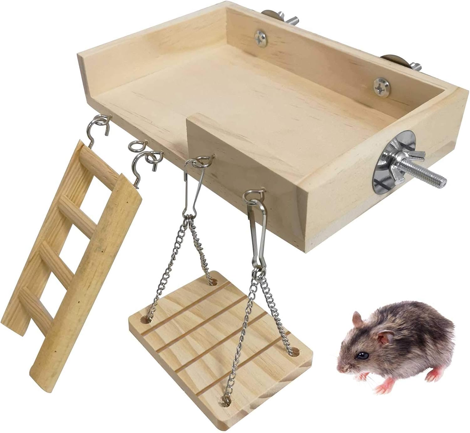 kathson Juego de juguetes de hámster con plataforma, escalera, columpio, 5 piezas de madera para escalar, accesorios para jerbos, hámsters enanos,
