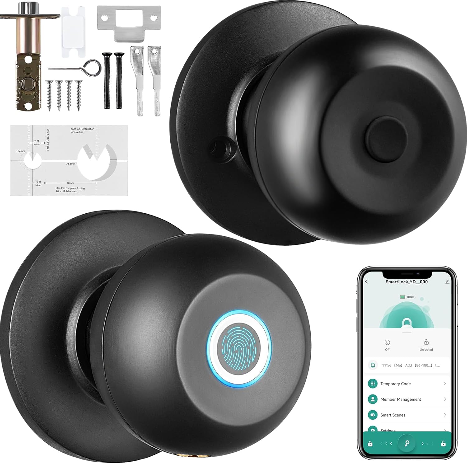 VEVOR Pomo de puerta inteligente, cerradura inteligente de huellas dactilares con control de aplicación, cerradura biométrica de puerta Bluetooth,