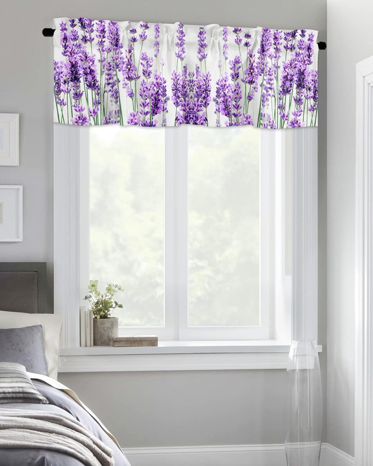 Cortina de cenefas de lavanda púrpura pastoral para cocina, cafetería, cenefa floral de primavera de 42 x 12 pulgadas, bolsillo para barra, cortinas