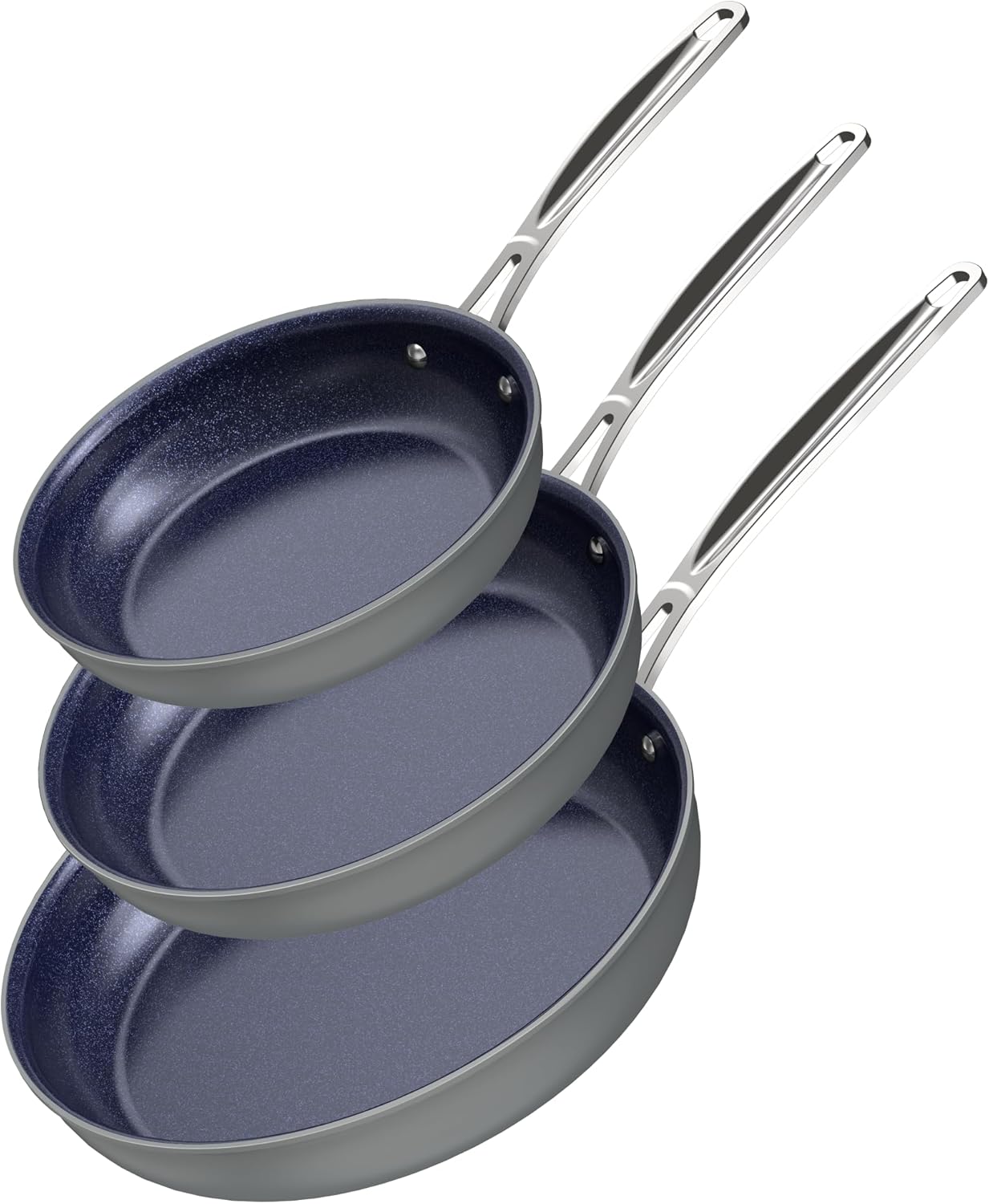 Nuwave Juego de sartenes ligeras forjadas de 3 piezas de 8, 10 y 12 pulgadas, G10 Healthy Duralon Blue Ceramic Ultra Antiadherente, asas ergonómicas