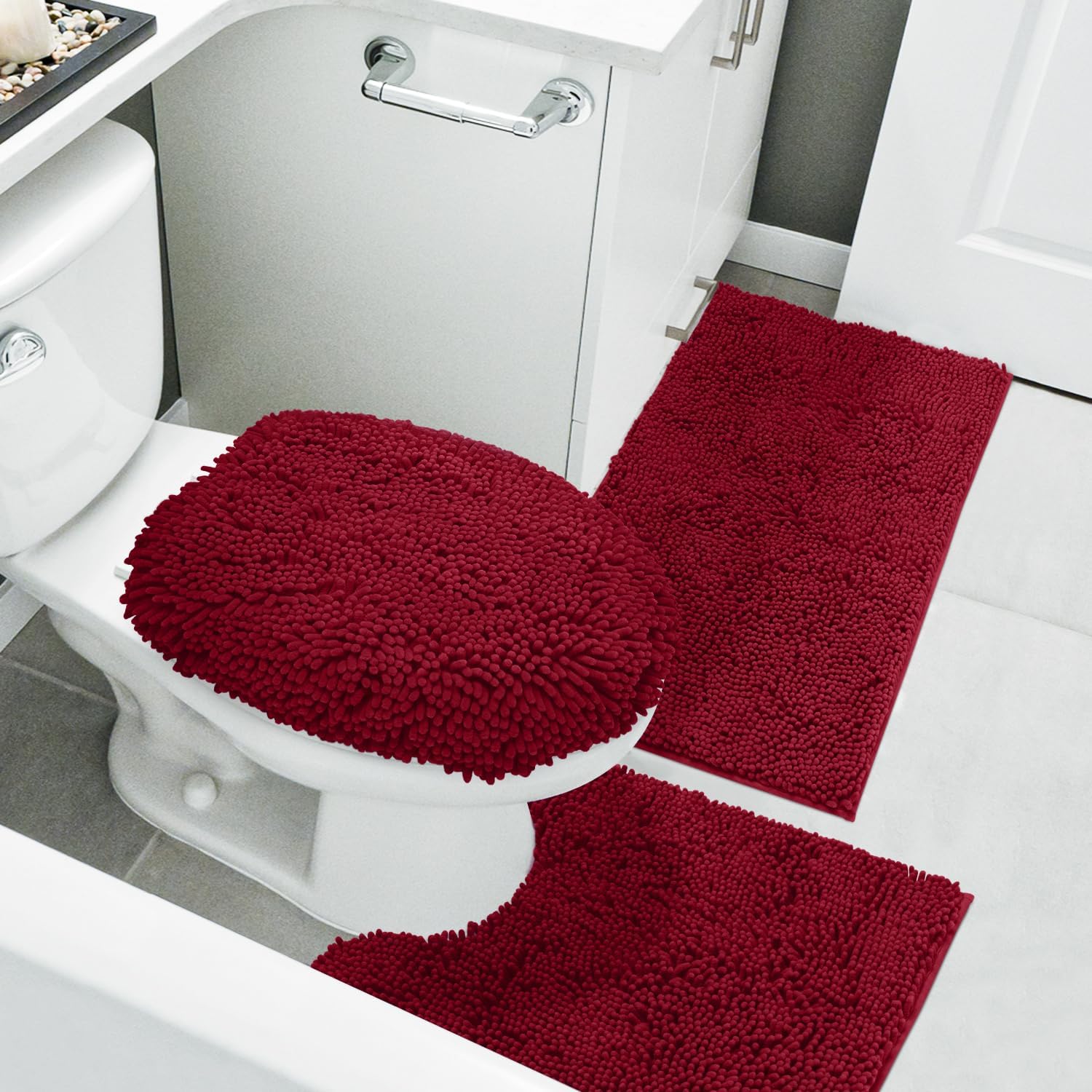 HomeIdeas juego de 3alfombras de baño, incluye alfombrilla de inodoro en forma de U, alfombrilla de baño y cubierta para tapa de inodoro, lavables a