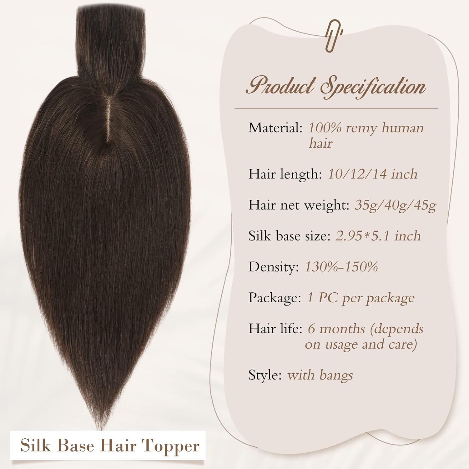 RUWISS Decoración de cabello humano con flequillo, corona, piezas de cabello para mujer, peluca corta para cabello fino, 3.0 x 5.1 in, base de seda,