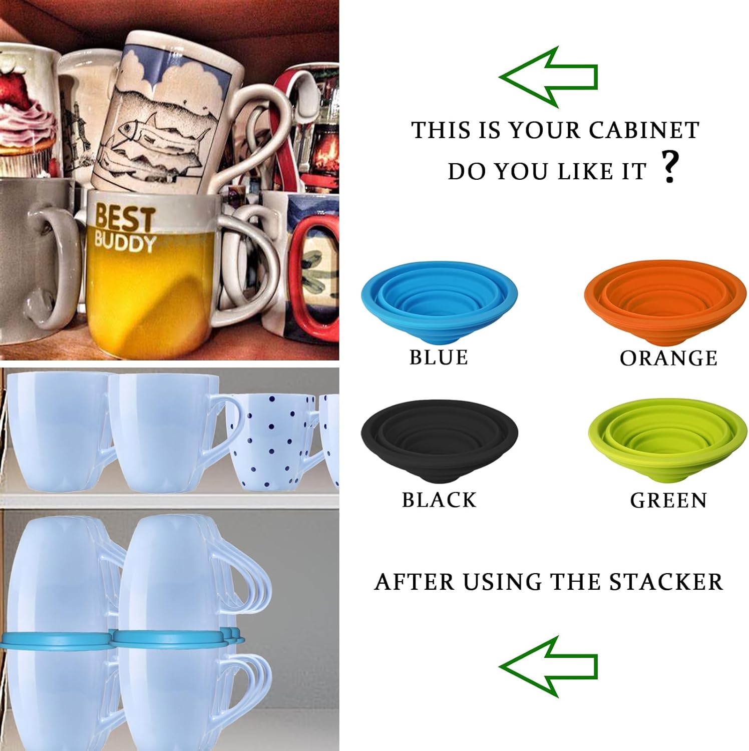 Organizador de estantes para armario de cocina y despensa, solución de almacenamiento expandible y apilable para tazas de té y tazas de café, ahorra
