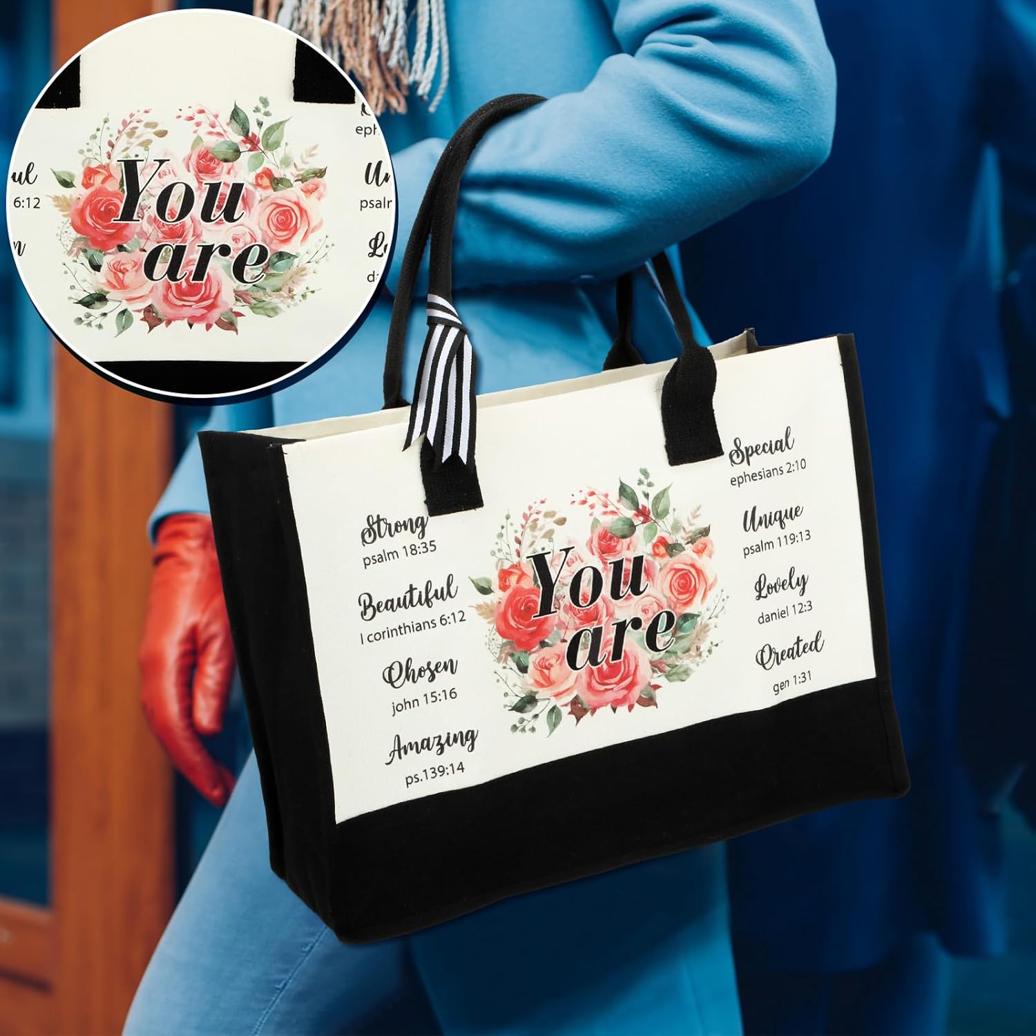 Sweetude Bolsa de lona de la Biblia, bolsa de lona de la Biblia cristiana, bolsa de regalos inspiradores para mujeres, Navidad