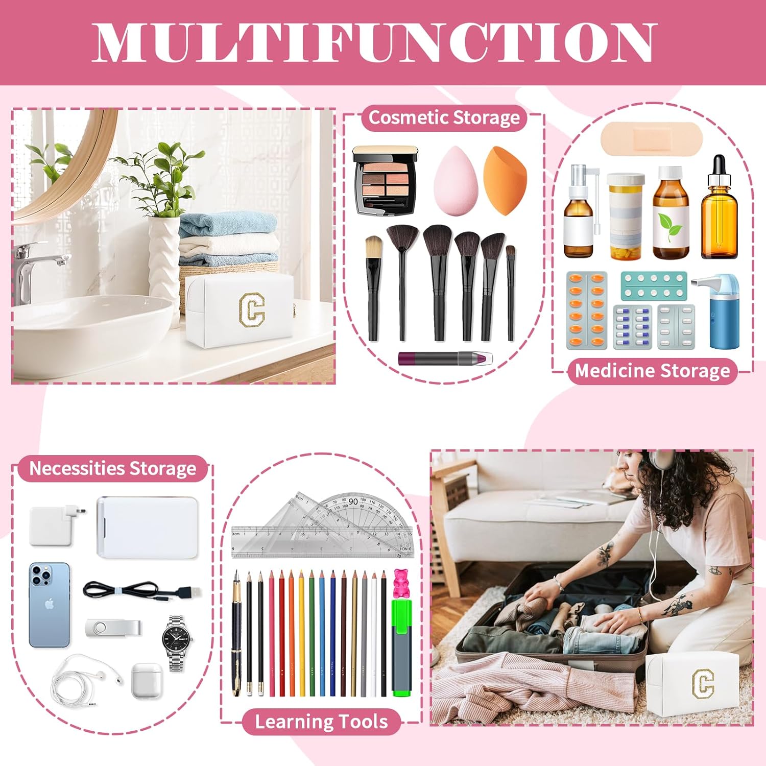 Bolsa de maquillaje personalizada con inicial A-Z, pequeña bolsa de cosméticos de viaje de piel sintética con cremallera, bonita bolsa de aseo