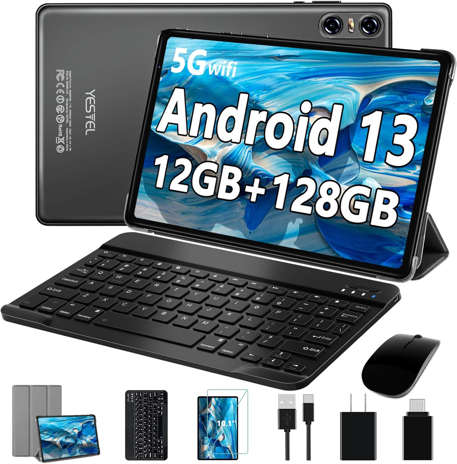 YESTEL Tablet Android 13 de 10 pulgadas con 12 GB de RAM + 128 GB de ROM, expansión de 1 TB, procesador octa-core de 2.0 GHz, pantalla IPS HD,