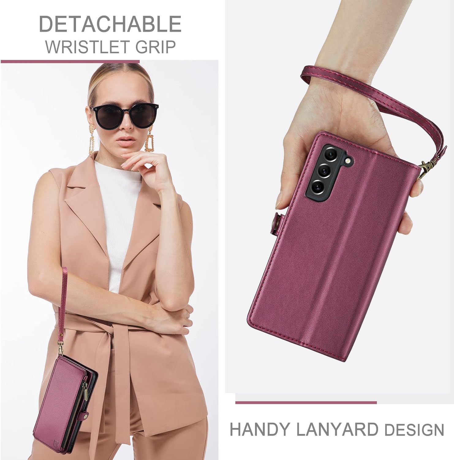 Funda compatible con Samsung Galaxy S21 FE 5G con tarjetero, bloqueo RFID, cremallera, para Galaxy S21 FE, funda magnética de piel sintética para