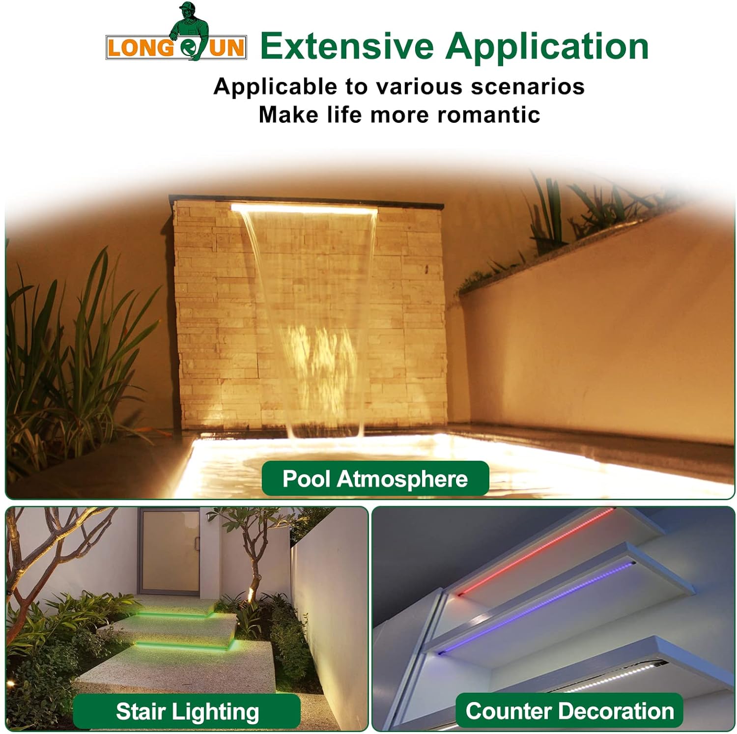 Longrun Tira de luces LED que cambian de color para jardín, cascada, control por aplicación, barra de iluminación impermeable para decoración del