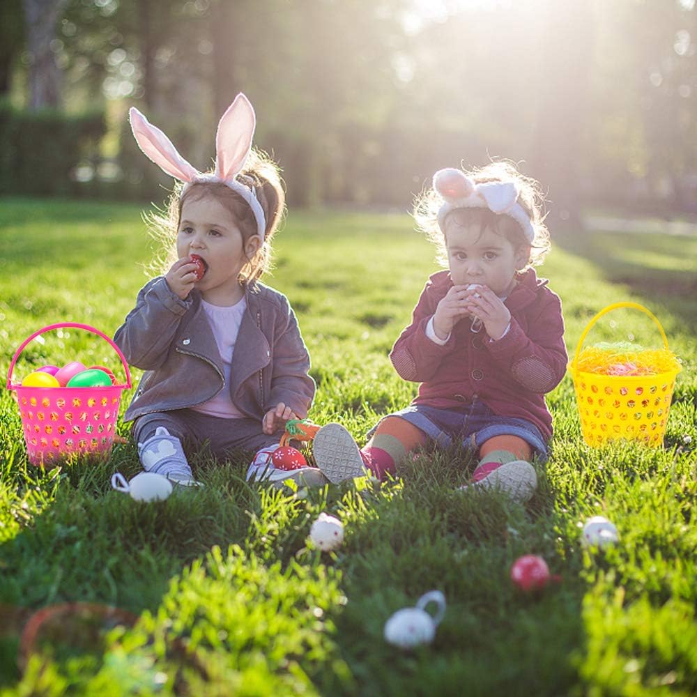 Sizonjoy Paquete de 12 cestas de Pascua para niños, bolsas de Pascua de plástico de 8.6 pulgadas con asas, bolsas de cubo de Pascua rellenas de