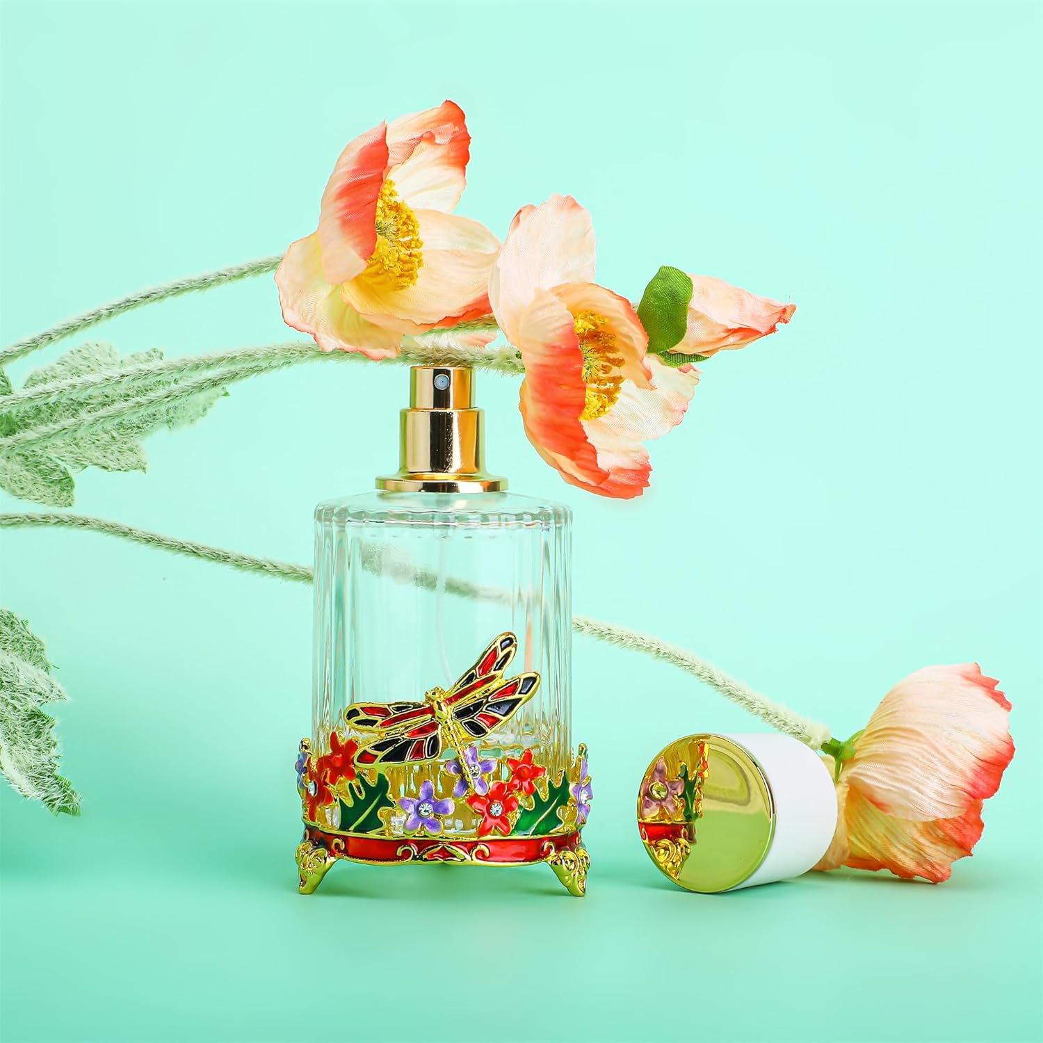 YU FENG Botella de perfume de aerosol de vidrio decorativo de libélula de 0.6 fl oz, botella de viaje de vidrio de niebla fina vacía transparente