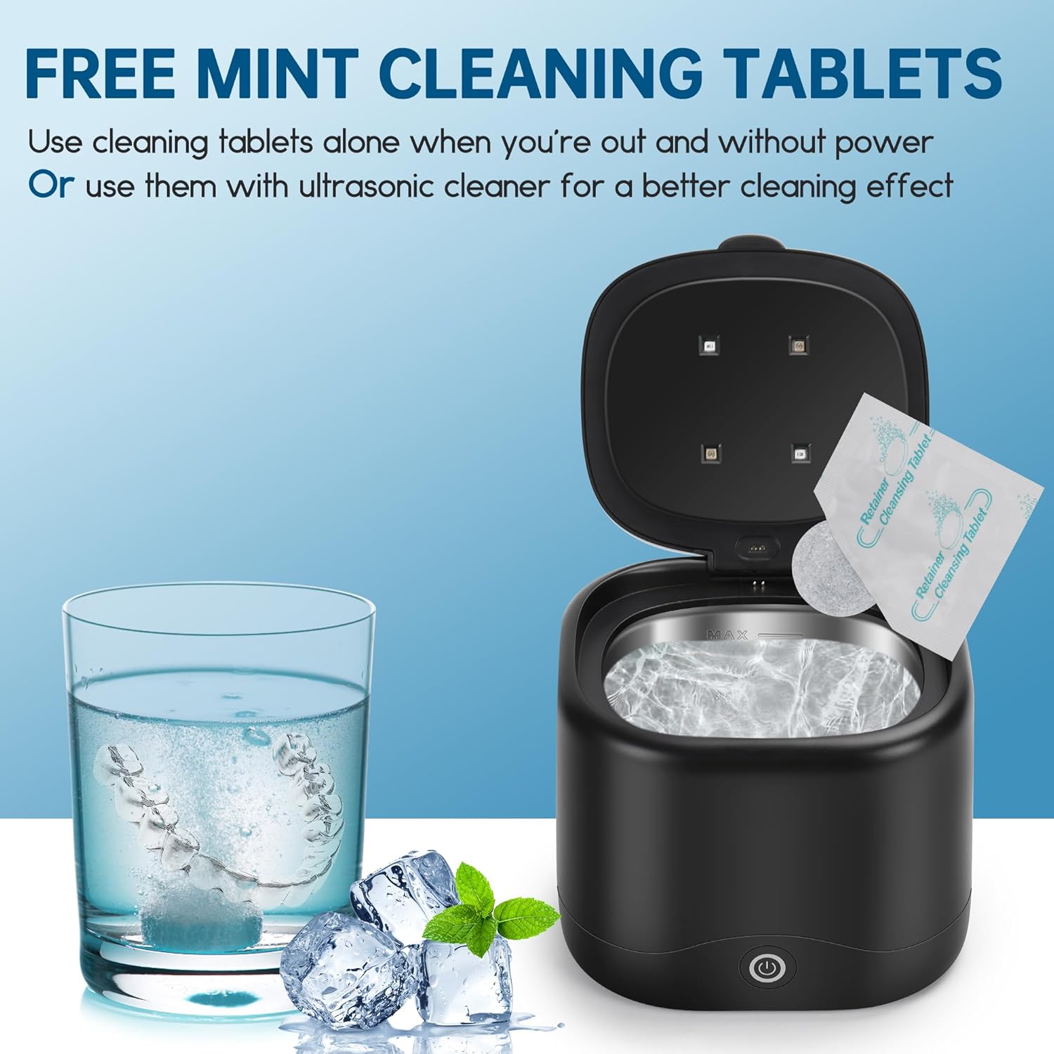 Limpiador ultrasónico con tabletas de limpieza, máquina limpiador de retenedores U-V para dentaduras, joyas, protector nocturno, cápsulas dentales,