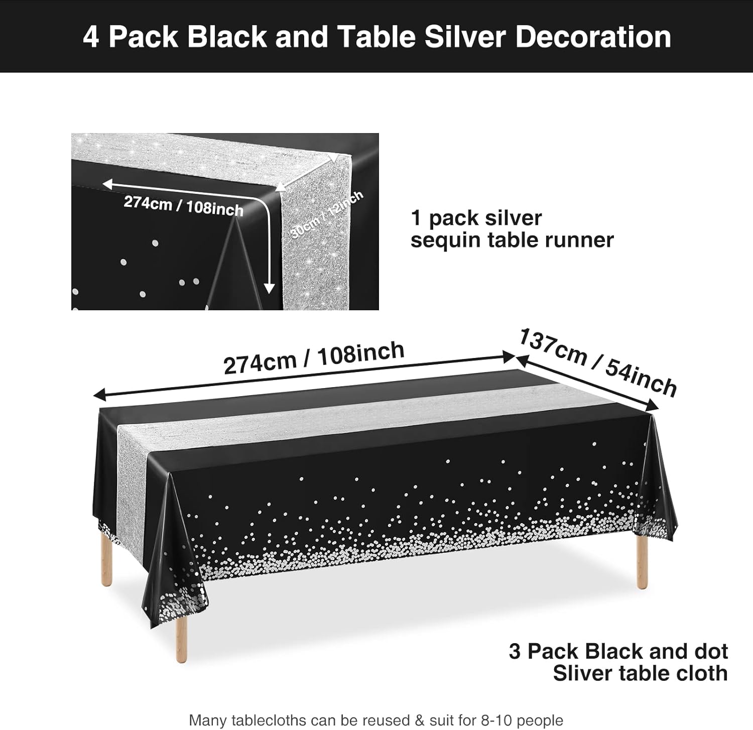 Juego de 4 manteles y camino de mesa de lentejuelas, funda rectangular de confeti de lunares para mesa de comedor, decoración de mesa de plástico