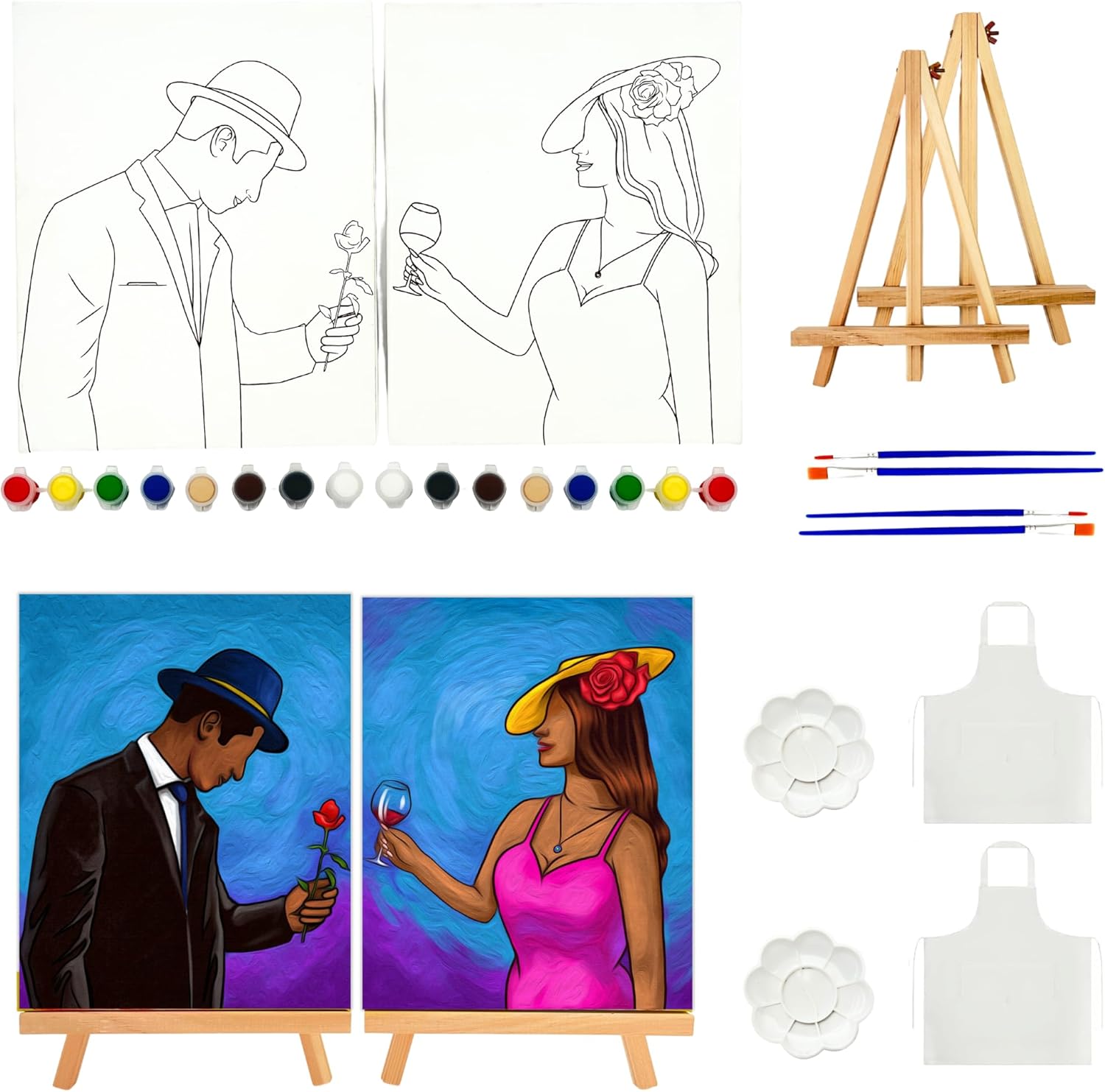 Kit de pintura y sorbo para parejas adultas, lienzo predibujado de 8 x 10 pulgadas para pintar para adultos, kit de pintura y sorbo con