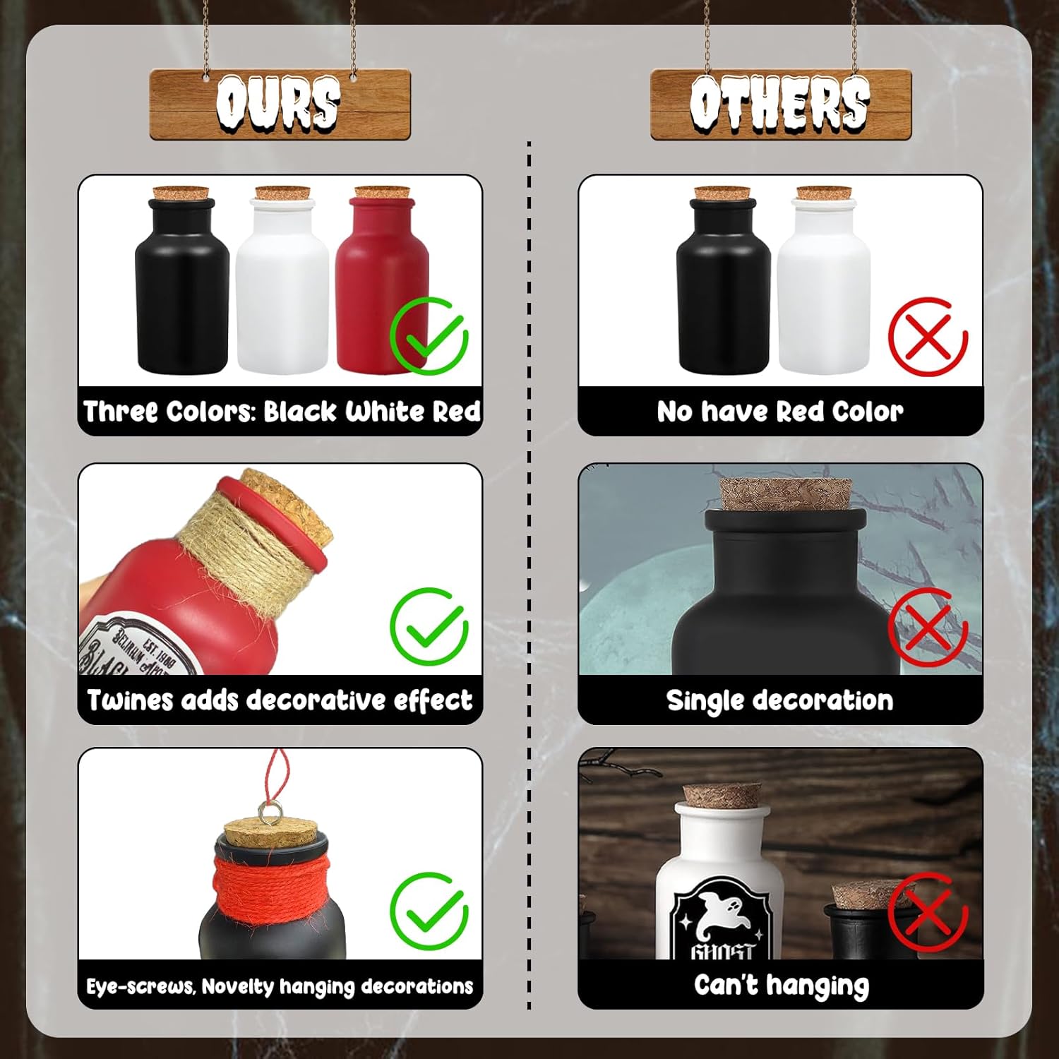 36 piezas de decoraciones de Halloween para interiores, 6 botellas de poción, 12 calcomanías de Halloween para decoración de Halloween, botellas de