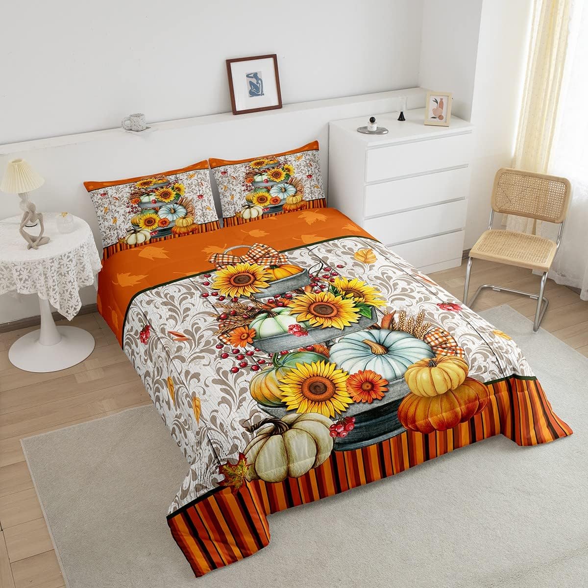 Juego de edredón de calabazas de otoño, tamaño Queen, girasoles y hojas de arce, juego de ropa de cama para el día de Acción de Gracias, decoración