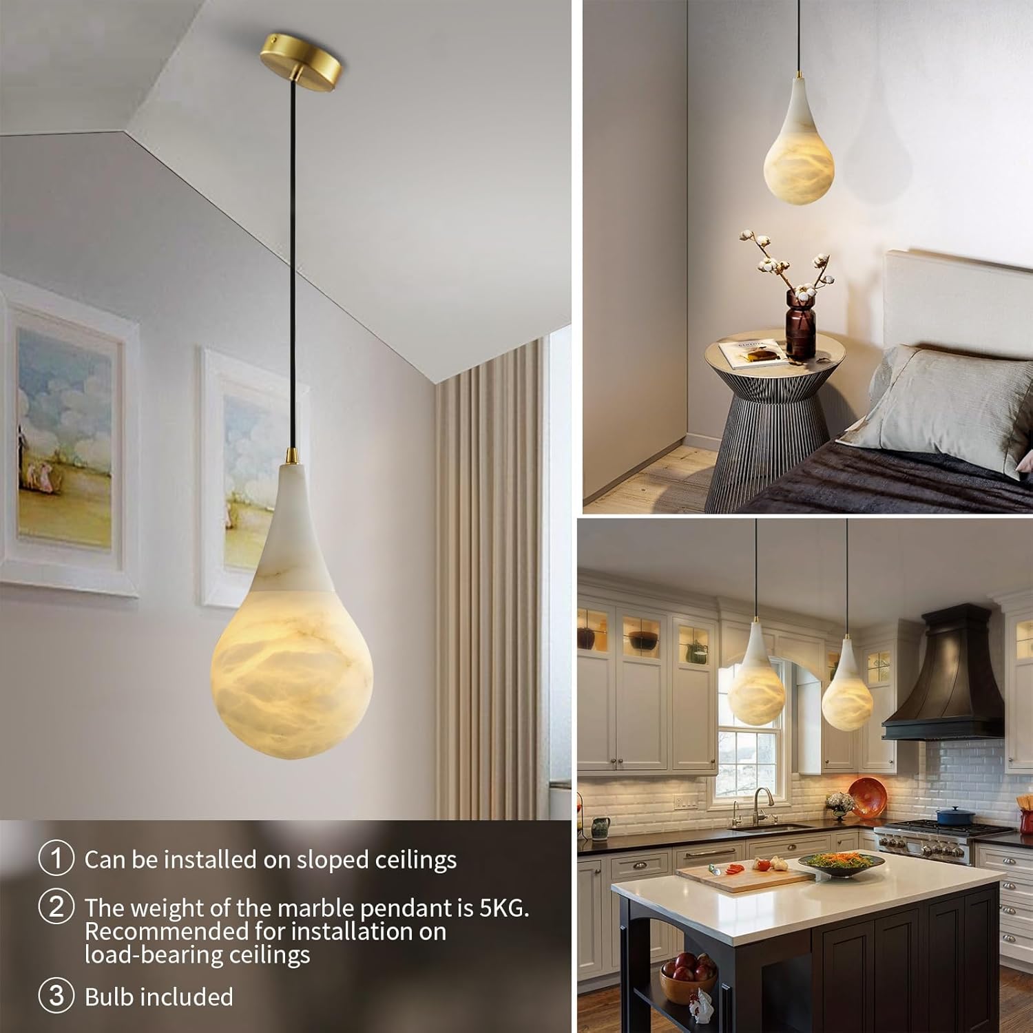 Luces colgantes de alabastro para isla de cocina, lámpara moderna de latón y mármol para dormitorio, baño, sala de estar, gota de lluvia D-6