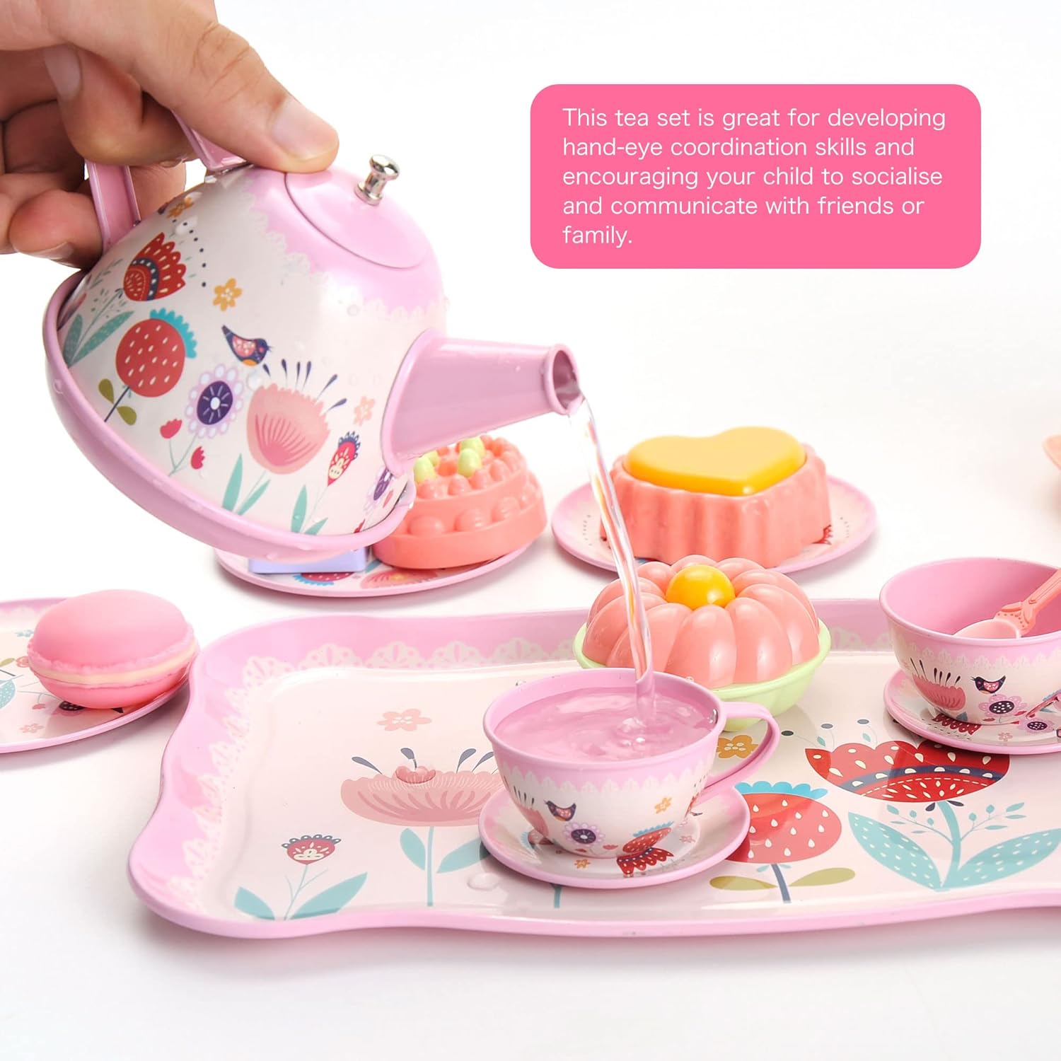 PowerTRC Juego de 48 piezas de fiesta de té de princesa para niños, juego de té de lujo que incluye postres, galletas, aperitivos, tetera, tazas y
