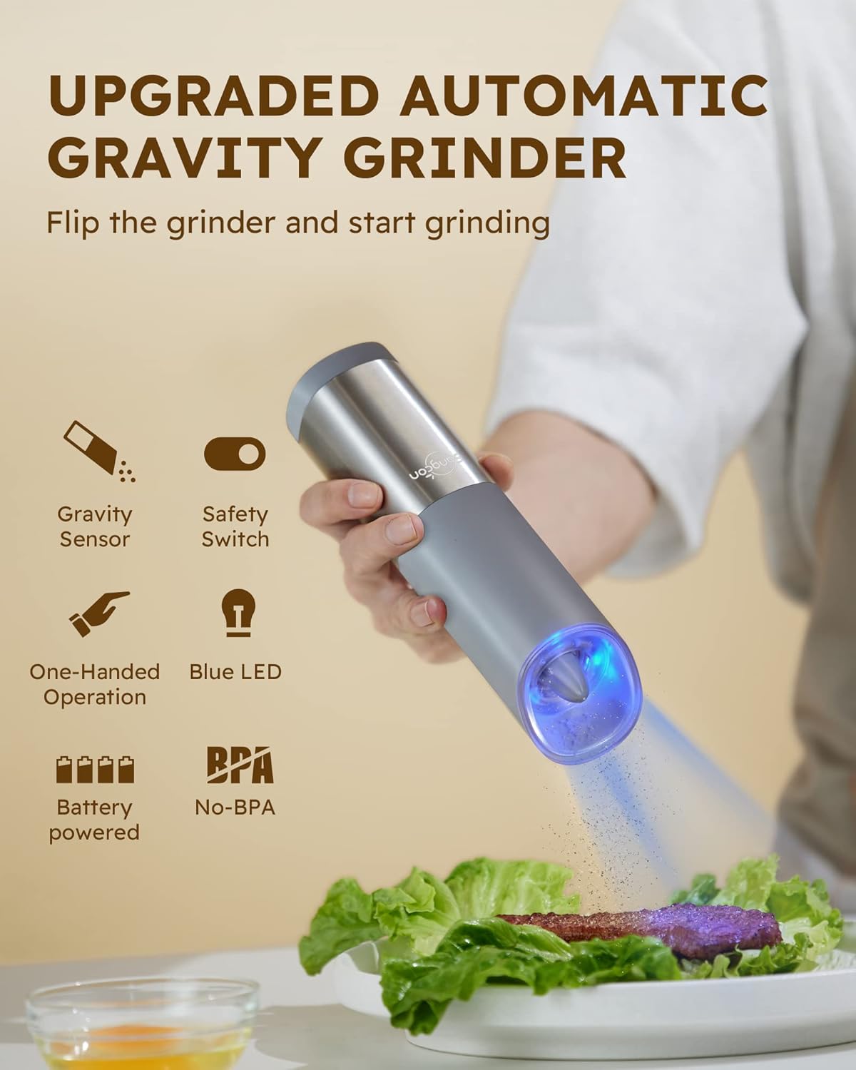 Sangcon Gravity – Molinillo eléctrico de sal y pimienta con interruptor de seguridad, funciona con pilas con luz LED, grosor ajustable, accesorios