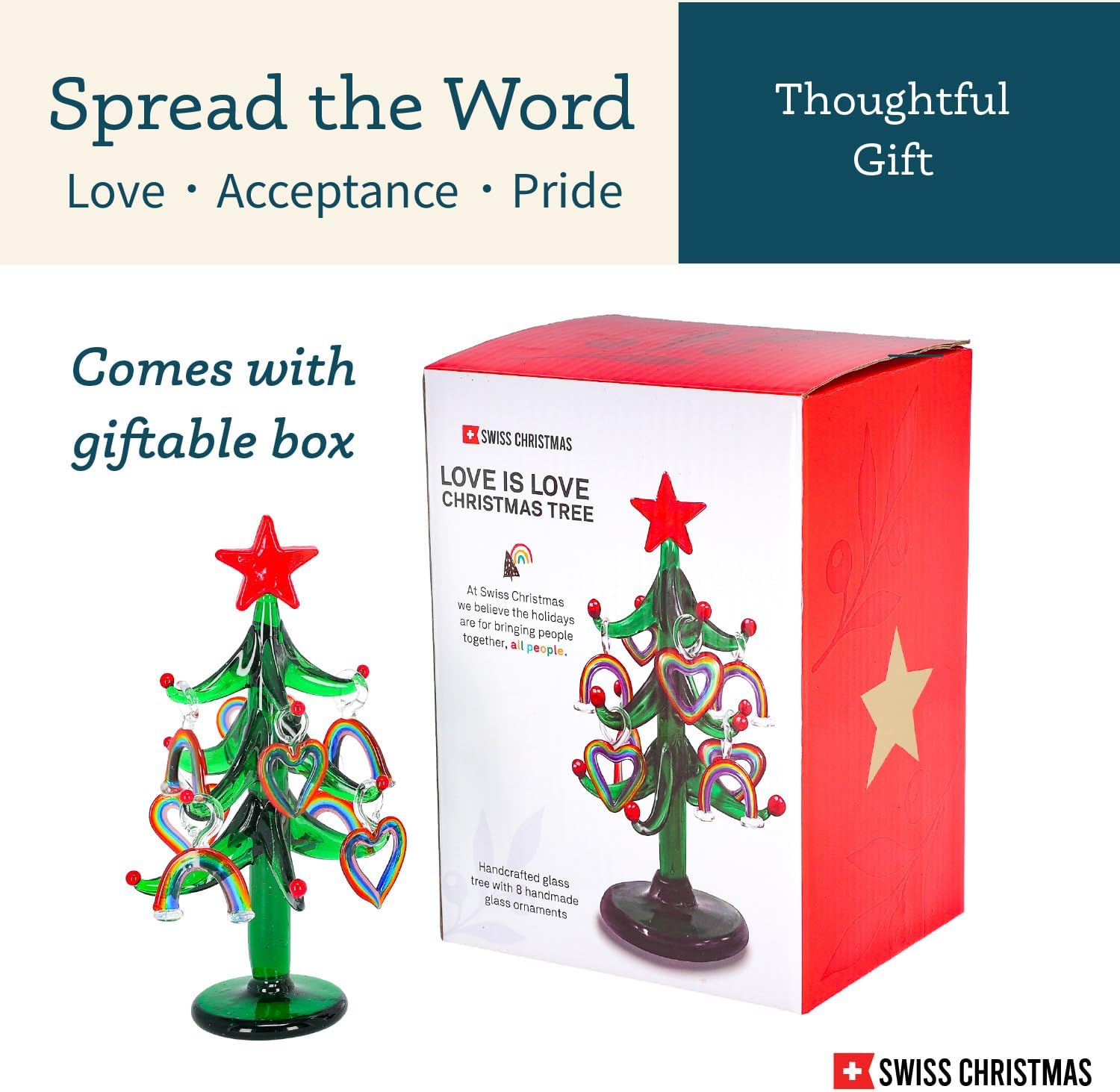 SWISS CHRISTMAS Love is Love – Árbol de Navidad de cristal hecho a mano de 6 pulgadas, 8 adornos de arcoíris y corazón en miniatura