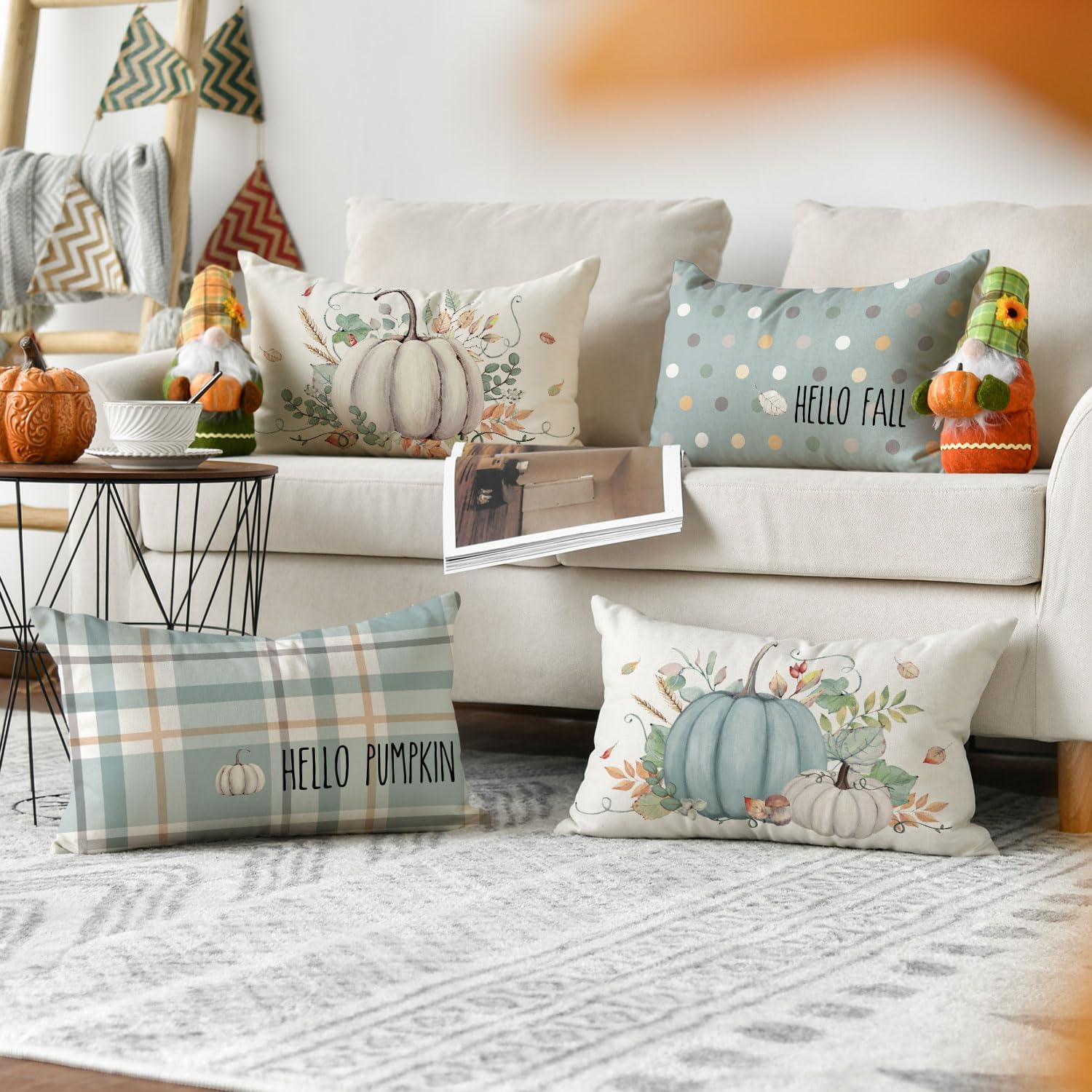 AVOIN colorlife Juego de 4 fundas de almohada con texto en inglés Hello Fall Hello Pumpkin, 12 x 20 pulgadas, cosecha de Acción de Gracias, color