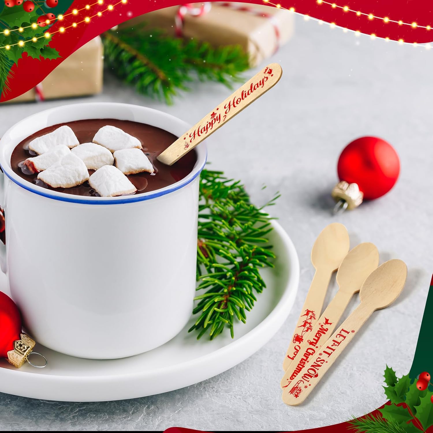300 cucharas de madera de Navidad para chocolate caliente, cucharas desechables de cacao caliente, diseño de bastón de caramelo, cucharas de