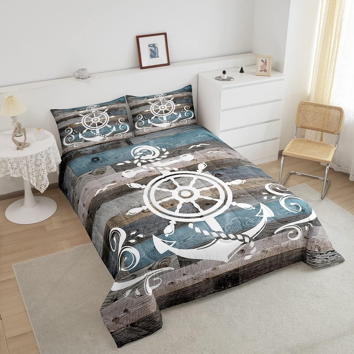 Erosebridal Juego de edredón de ancla náutica, juego de ropa de cama con brújula oceánica, tamaño individual para niños, adolescentes y adultos,