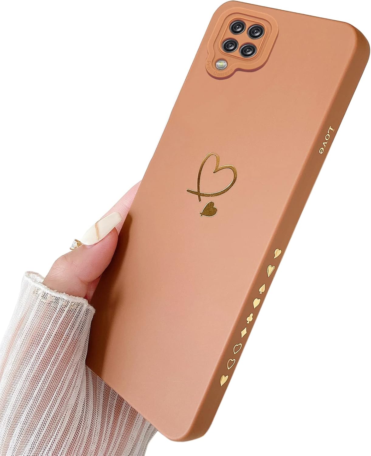 Qokey Funda compatible con Galaxy A12 de 6.5 pulgadas, diseño de corazón de amor chapado en oro con protección anticaídas para el lente de la