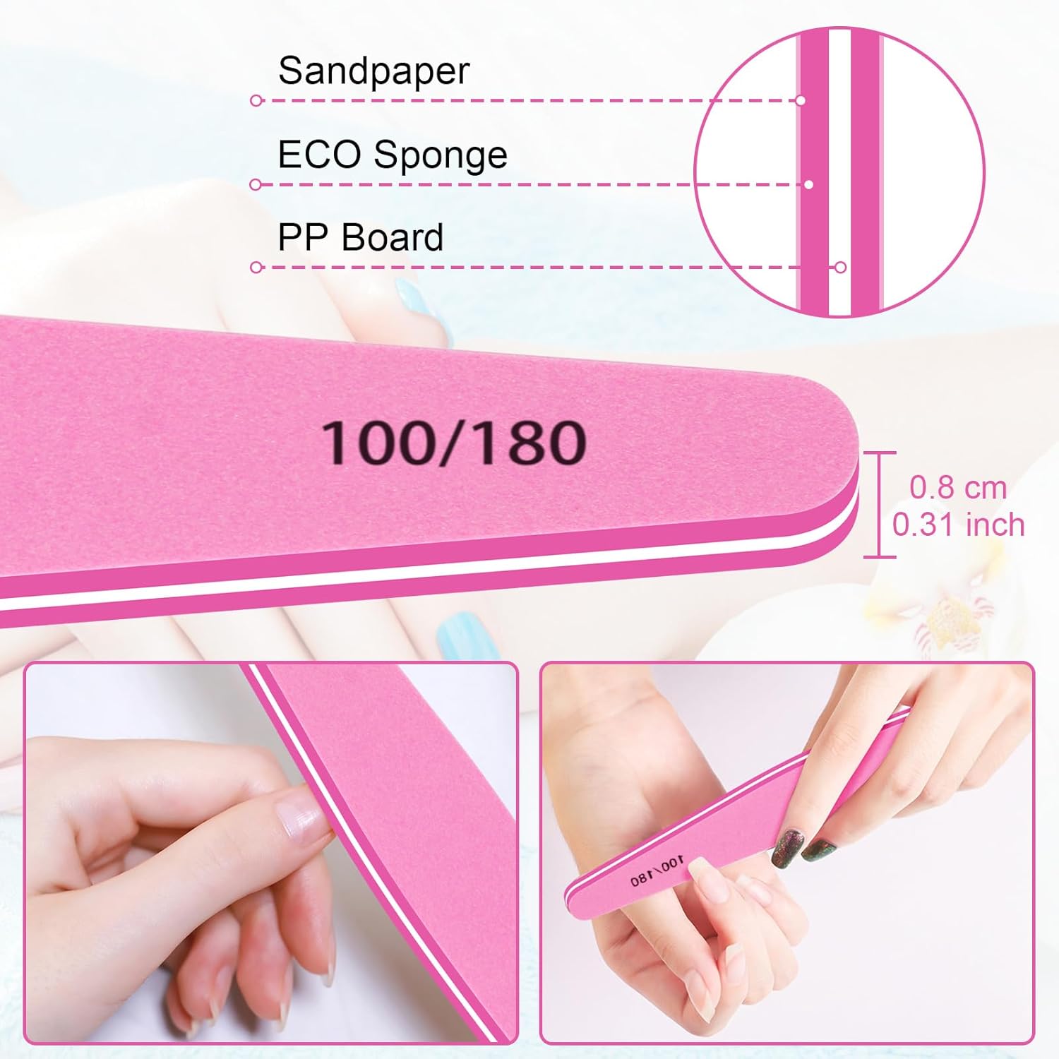 Anrui Emery Boards para uñas, 12 limas de uñas para uñas naturales, grano 100180 de doble cara para uñas, lima de uñas profesional reutilizable y