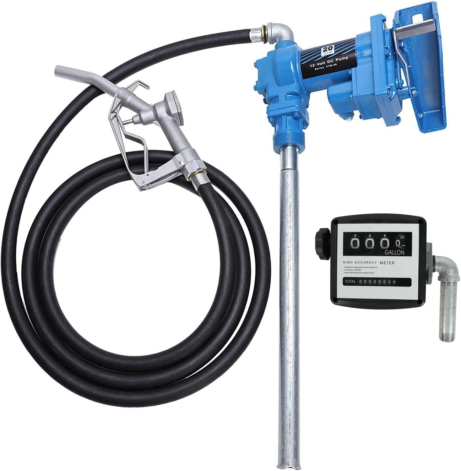 SUPERFASTRACING Bomba de transferencia de combustible de 20GPM 12V Gasolina CC (boquilla manual, manguera de descarga, medidor mecánico de galones,