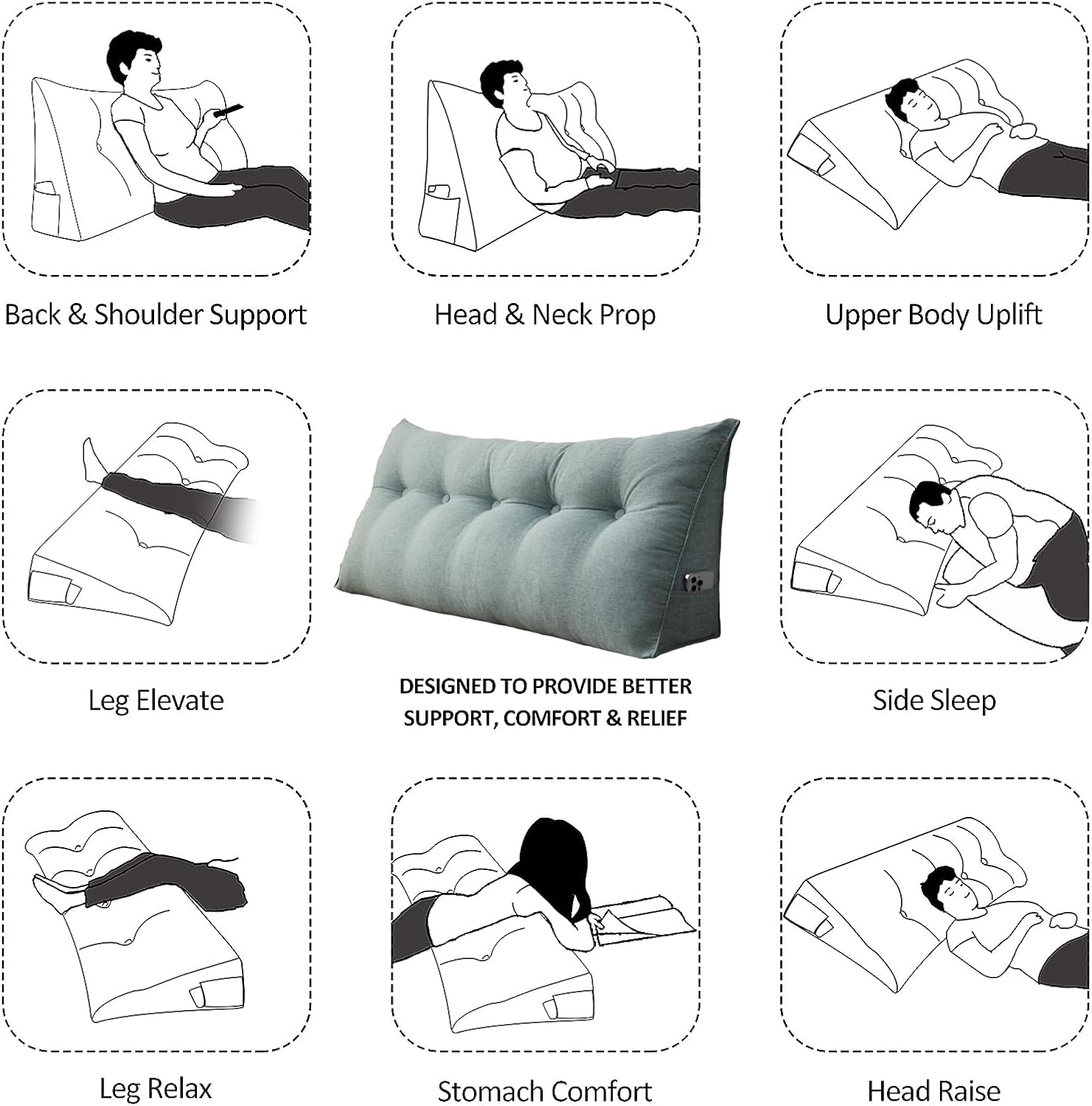Almohada triangular de lino y algodón, almohada extraíble para cabecero, litera, soporte de posicionamiento del respaldo, cojín de descanso para
