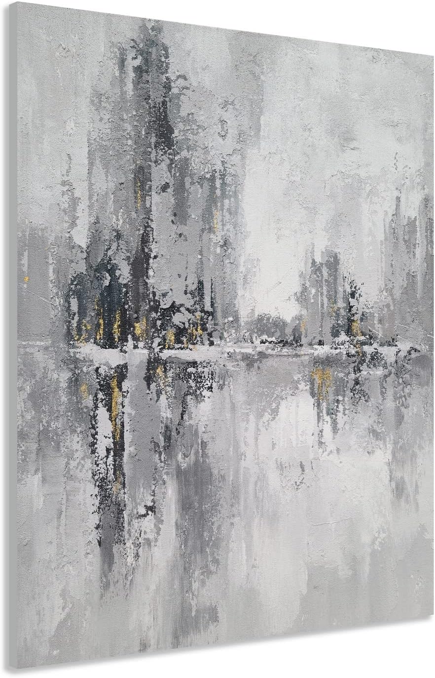 YHSKY ARTS Lienzo decorativo para pared, pintura al óleo abstracta pintada a mano con lámina dorada, imágenes verticales de ciudad para sala de
