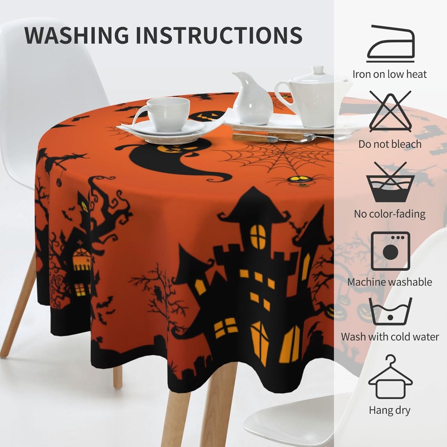 Gianlaima Mantel redondo de tela de araña de Halloween, diseño de calabaza, murciélago, bruja, impermeable, lavable, para el hogar, restaurante,
