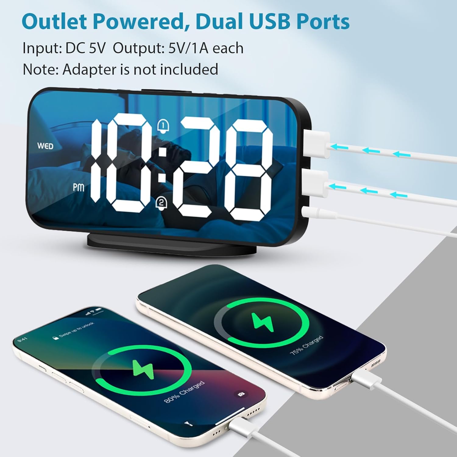ALANAS Reloj despertador digital con doble alarma, espejo LED reloj despertador para dormitorio para niños, brillo ajustable, repetición, 2 puertos