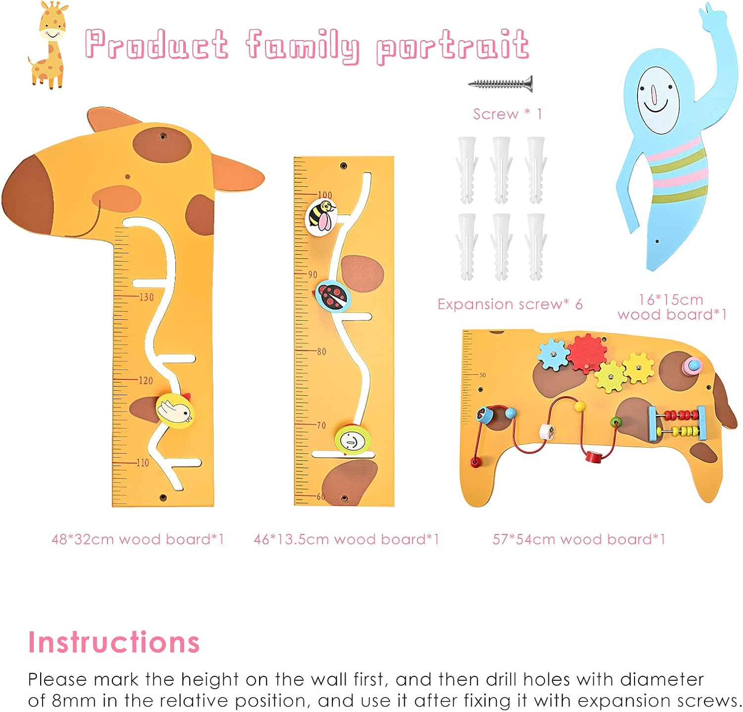 Activity Wall Panel Busy Board 7 in 1 Multifunctional Giraffe Wooden Height Ruler, Childrens Early Education Hand-Eye Eombination Sensory Exercises